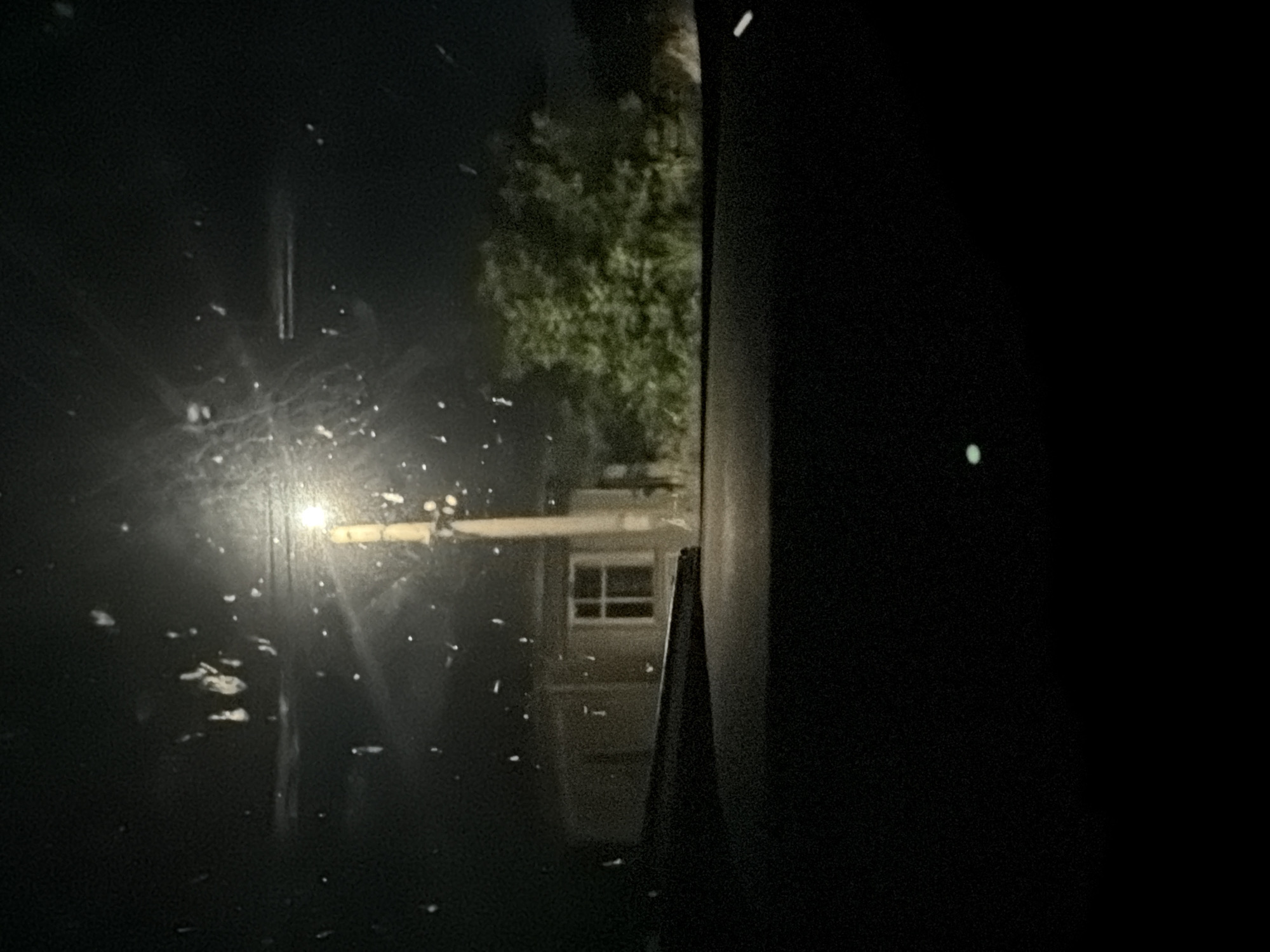 The image captures a nighttime scene from inside a vehicle looking through the windshield, which is speckled with raindrops or water spots. A street light illuminates a utility pole situated in front of a building with a visible window. To the right of the building and utility pole, dense foliage is present. The foreground is dominated by the dark interior of the vehicle, with a hint of the dashboard visible. The overall environment suggests an outdoor setting in a location that appears to be Smyadovo, Bulgaria, given the context. No individuals or specific actions are discernible, but the scene implies a stationary or slow-moving perspective, possibly from a parked car or a vehicle traveling at low speed.