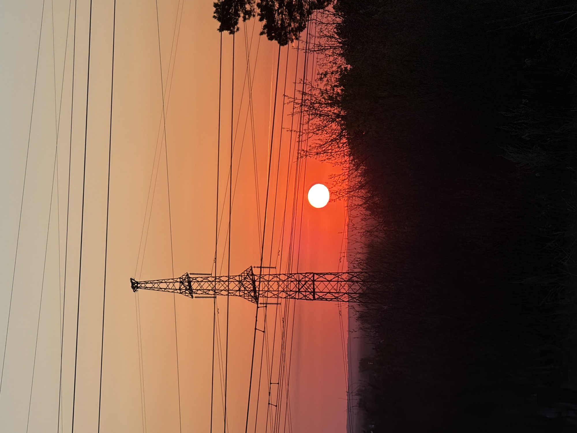 The image depicts a sunset in what appears to be a semi-urban environment. A large, metal electricity pylon dominates the view, its lattice structure silhouetted against the colorful sky. Electrical wires stretch across the frame, converging towards the pylon. The sun, a bright white disc, is partially obscured by a dark mass of trees or bushes on the right side of the image. The sky graduates from a pale yellow/white on the left to a deep orange and red near the sun. The overall scene evokes an industrial or semi-rural location, characterized by the presence of infrastructure alongside natural elements. There are no people visible in the image. Based on the information given, the location is in the city of Chaikovsky, Russia.