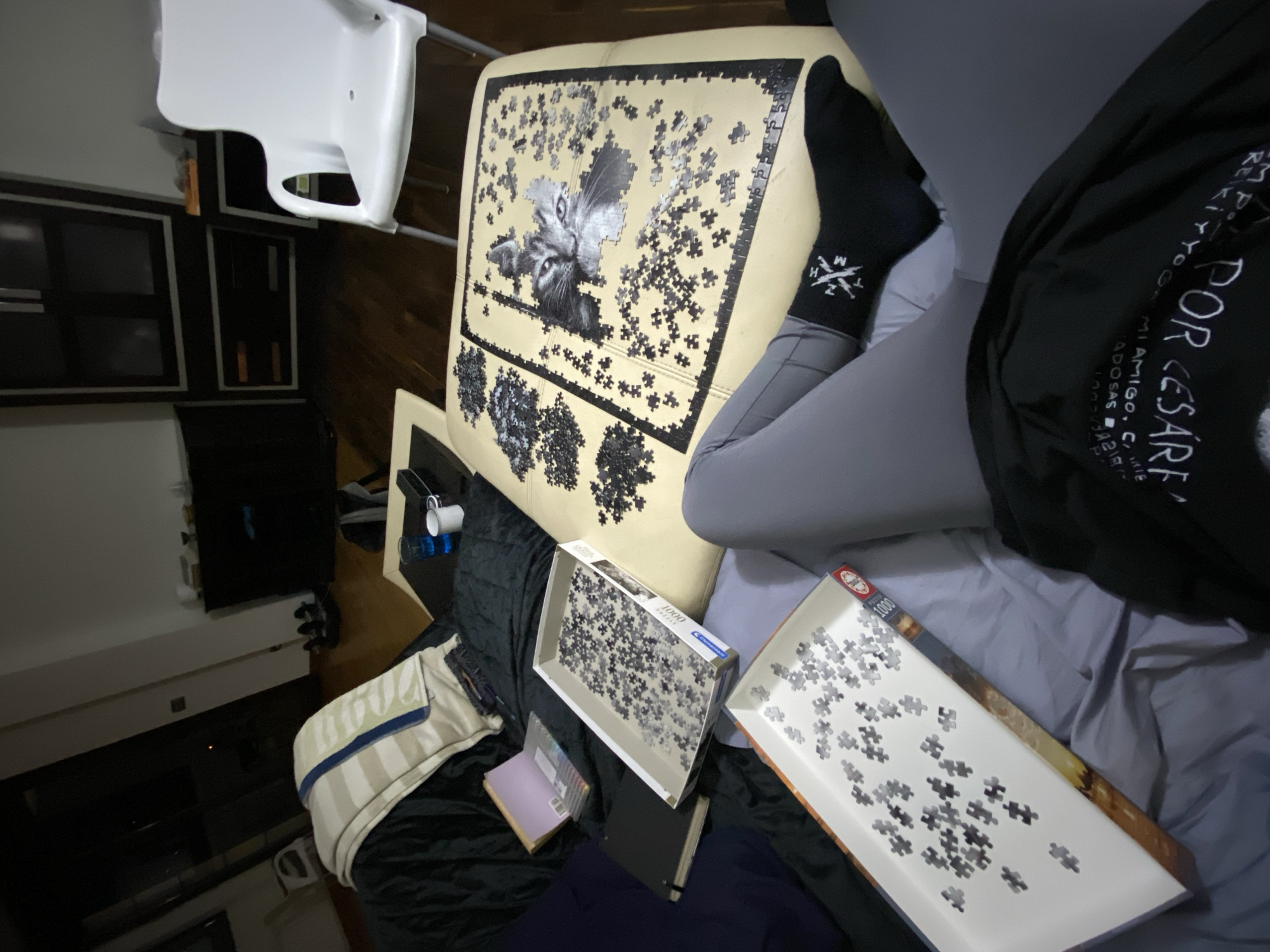 The scene depicts an indoor setting, possibly a living room, where a jigsaw puzzle of a cat is partially completed on a cushioned chair. Two open puzzle boxes, each containing loose puzzle pieces, are on a bed or sofa. A person wearing gray leggings and black socks with white markings is positioned near the chair and puzzle. Part of a black garment with white writing is visible. A white high chair is to the side. Additional objects include a notebook, a striped cushion, and a cup on a nearby shelf. A dark-colored entertainment center and a reflection in what appears to be a mirrored cabinet are visible in the background. There is no information in the photo indicating the location as Villaviciosa, Spain.