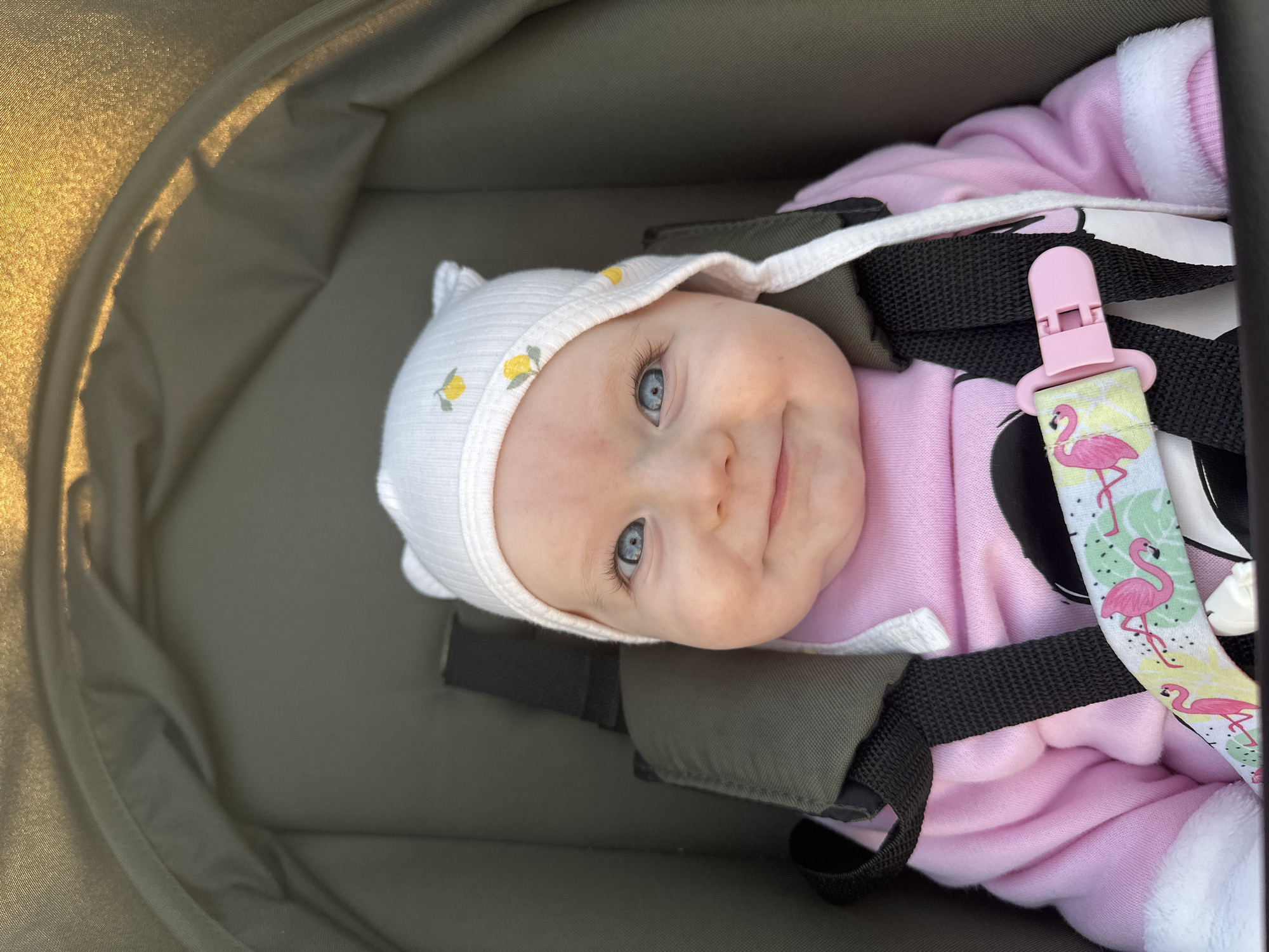 A baby wearing a white hat with yellow lemon patterns sits in a stroller. The baby has blue eyes and a smiling expression. The stroller is a muted olive green. The baby is wearing a pink long-sleeved shirt with white trim. A pacifier clip with a flamingo pattern is attached to the stroller harness. The background is the interior of the stroller, with natural light illuminating the upper portion. The image does not contain any information or visual cues to suggest a location in Florianópolis, Brazil.