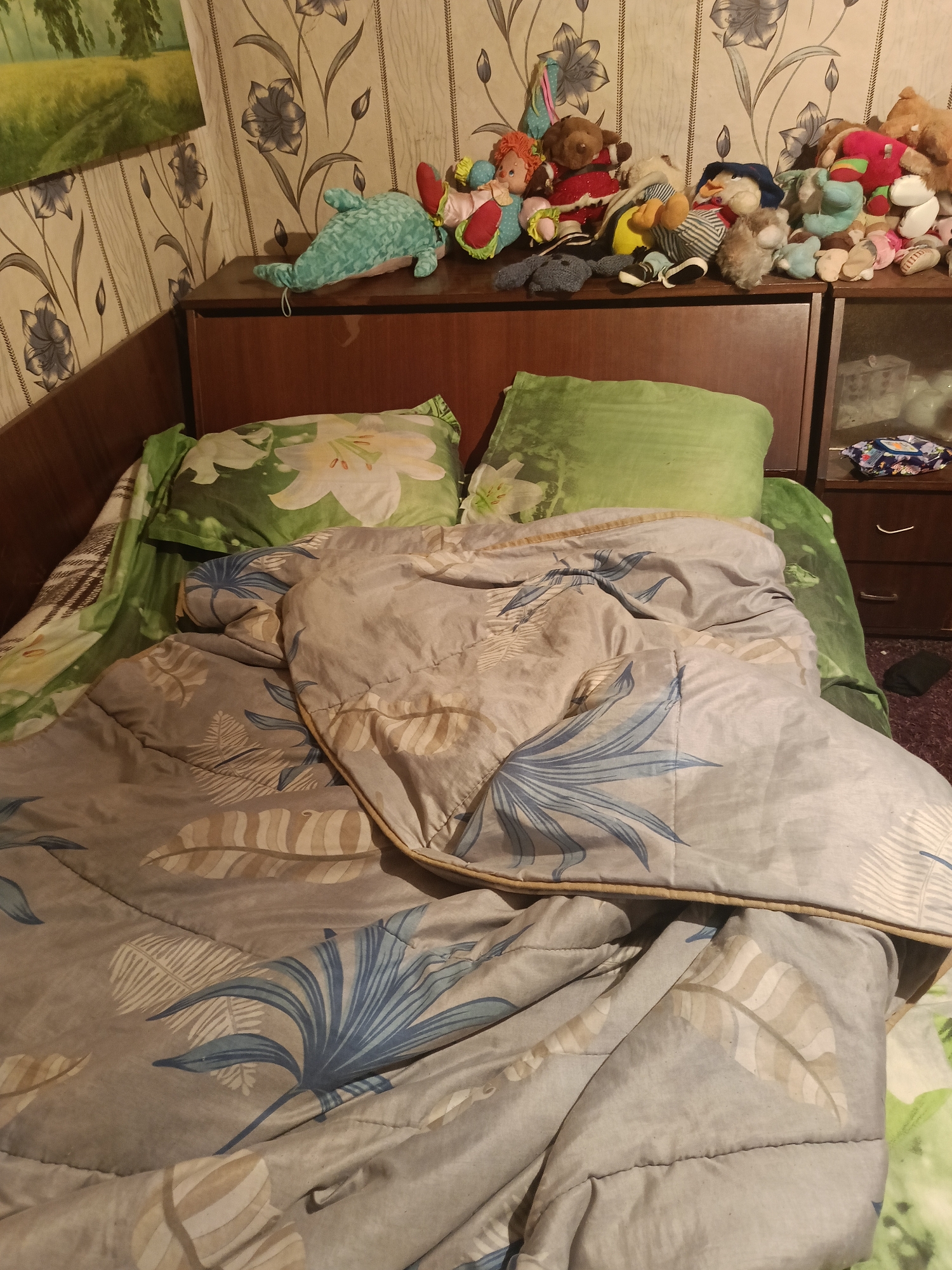 The image displays a bedroom with a bed covered in a comforter with a tropical leaf pattern and several pillows, including one with a floral design. On top of a wooden dresser, there is a collection of stuffed animals, including a dolphin, teddy bears, and other assorted toys. A portion of a framed landscape painting is visible on the wall. A wooden headboard is also present. The overall impression is one of a lived-in, potentially child's bedroom. The location is noted as Mizia, Bulgaria.