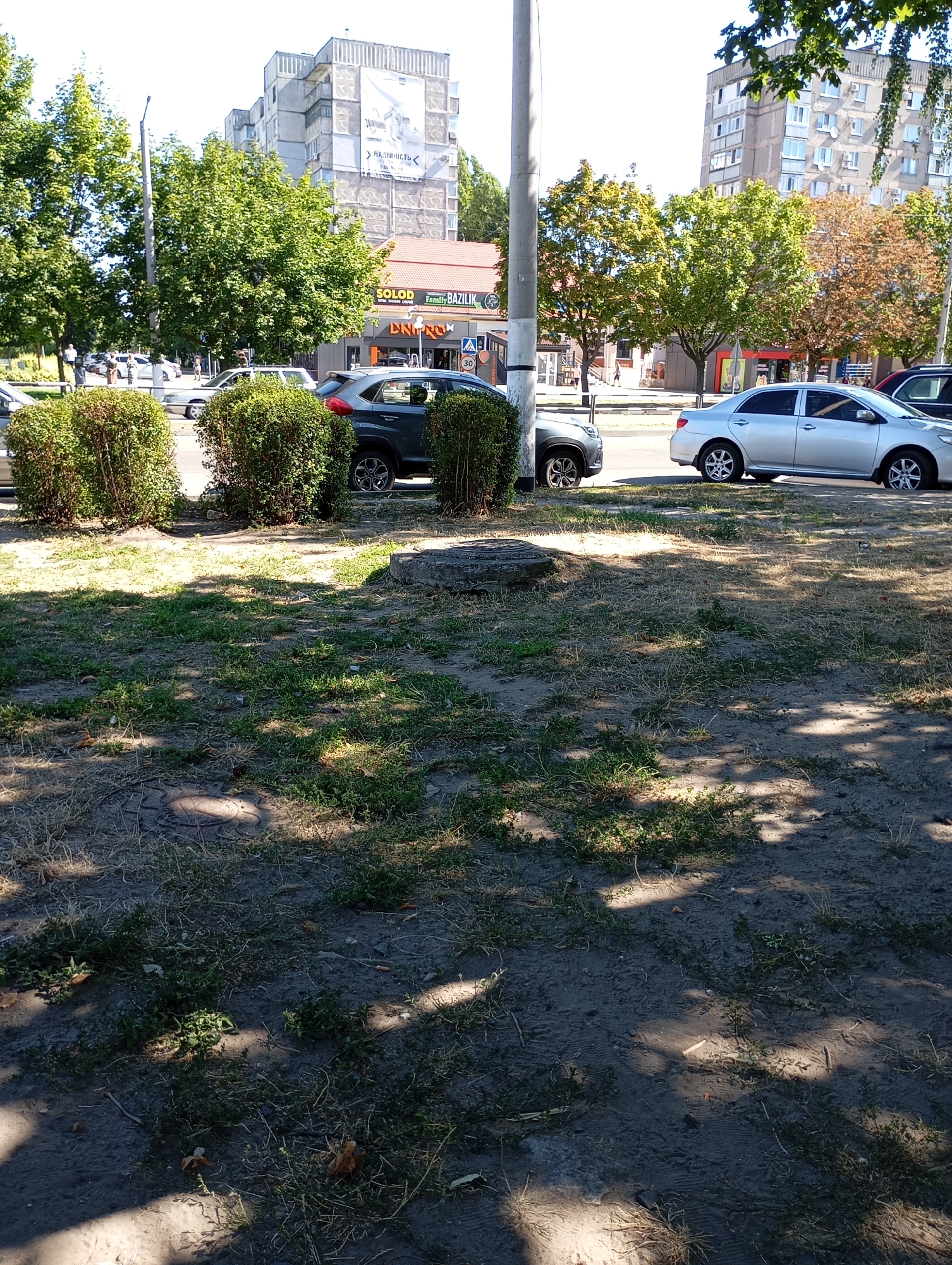 The image depicts a street scene in Horishni Plavni, Ukraine, on a sunny day. In the foreground, a patch of dry, dusty ground with scattered weeds and fallen leaves is visible, with distinct shadows cast by sunlight filtering through trees. A concrete manhole cover is present in the ground. Behind this, a row of neatly trimmed green bushes lines the edge of the road. Several vehicles are parked or driving on the asphalt road.
A dark-colored SUV is parked partially obscured by the bushes. To its right, a silver sedan is driving or parked. Further down the road, another vehicle is partially visible.
In the background, there are buildings and trees. A tall, multi-story concrete apartment building with numerous windows dominates the skyline. Adjacent to it is a lower building with a red-tiled roof, housing commercial establishments with visible signage. One sign reads "SOLOD Family BAZILIK" and another "ENERGO". Trees with green and autumn-colored foliage are scattered throughout the scene, interspersed with the buildings. A utility pole stands prominently on the left side of the image. The overall impression is of a typical urban street with commercial and residential elements under a clear sky.