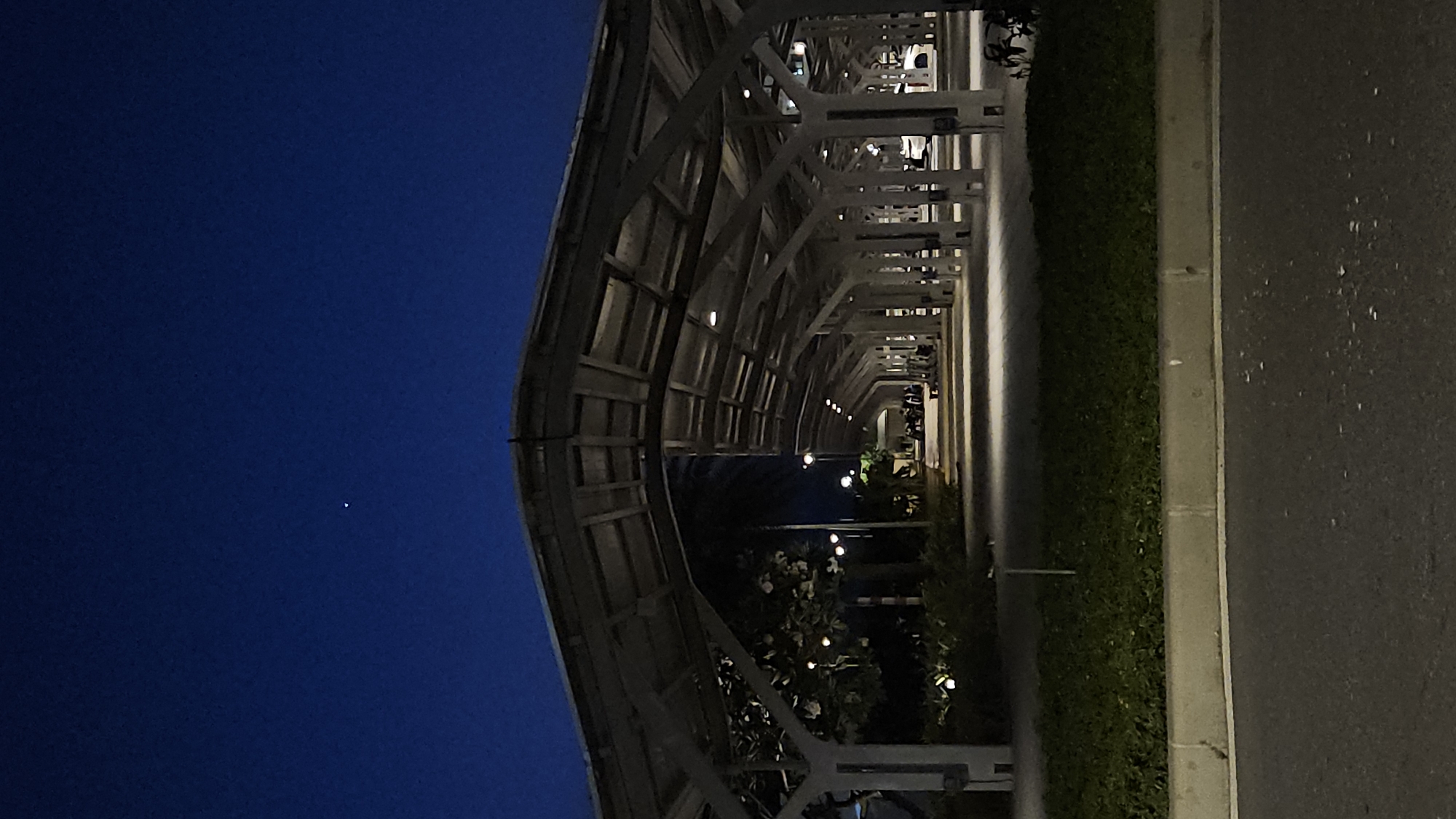 The image, correctly oriented, depicts a long, illuminated arched walkway or pergola at night under a dark blue sky in Cam Ranh, Vietnam. The sky, visible on the left side, is a deep indigo with a single bright white speck, likely a star or planet.
The walkway, made of light-colored architectural elements that form an open, latticed structure, extends from the foreground into the distance. It is lined with numerous small, warm-toned lights that cast a soft glow on the path and surrounding greenery. Beneath the archways and alongside the structure, dark green bushes and foliage are visible. To the right, a paved surface, likely a road or wide path, runs parallel to the walkway, separated by a concrete curb. In the far distance, indistinct forms with ambient lighting suggest the presence of buildings or elements of a resort complex.
The scene conveys a peaceful and serene atmosphere, characteristic of a clear evening or night. No people or visible text are present in the frame.