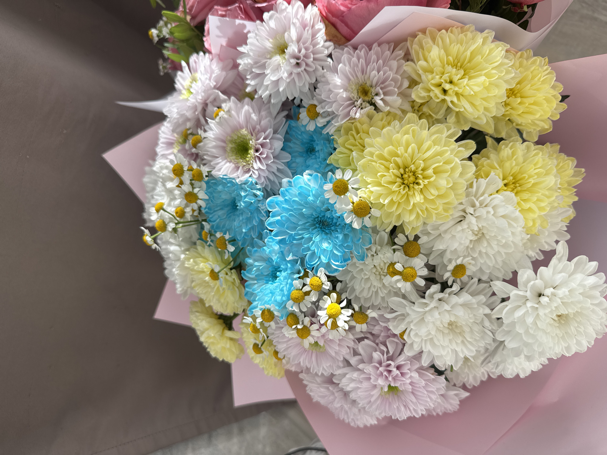 A bouquet of chrysanthemums is displayed, featuring a vibrant mix of colors including bright blue, soft pink, sunny yellow, and pure white. Small, daisy-like flowers with yellow centers are interspersed throughout the arrangement. The bouquet is wrapped in pink paper. The background is a plain, neutral-colored wall or curtain. The scene is indoors, likely a domestic setting or a flower shop. There are no people visible in the image. There is no information about the location in Vtoraya Pad', Russia.