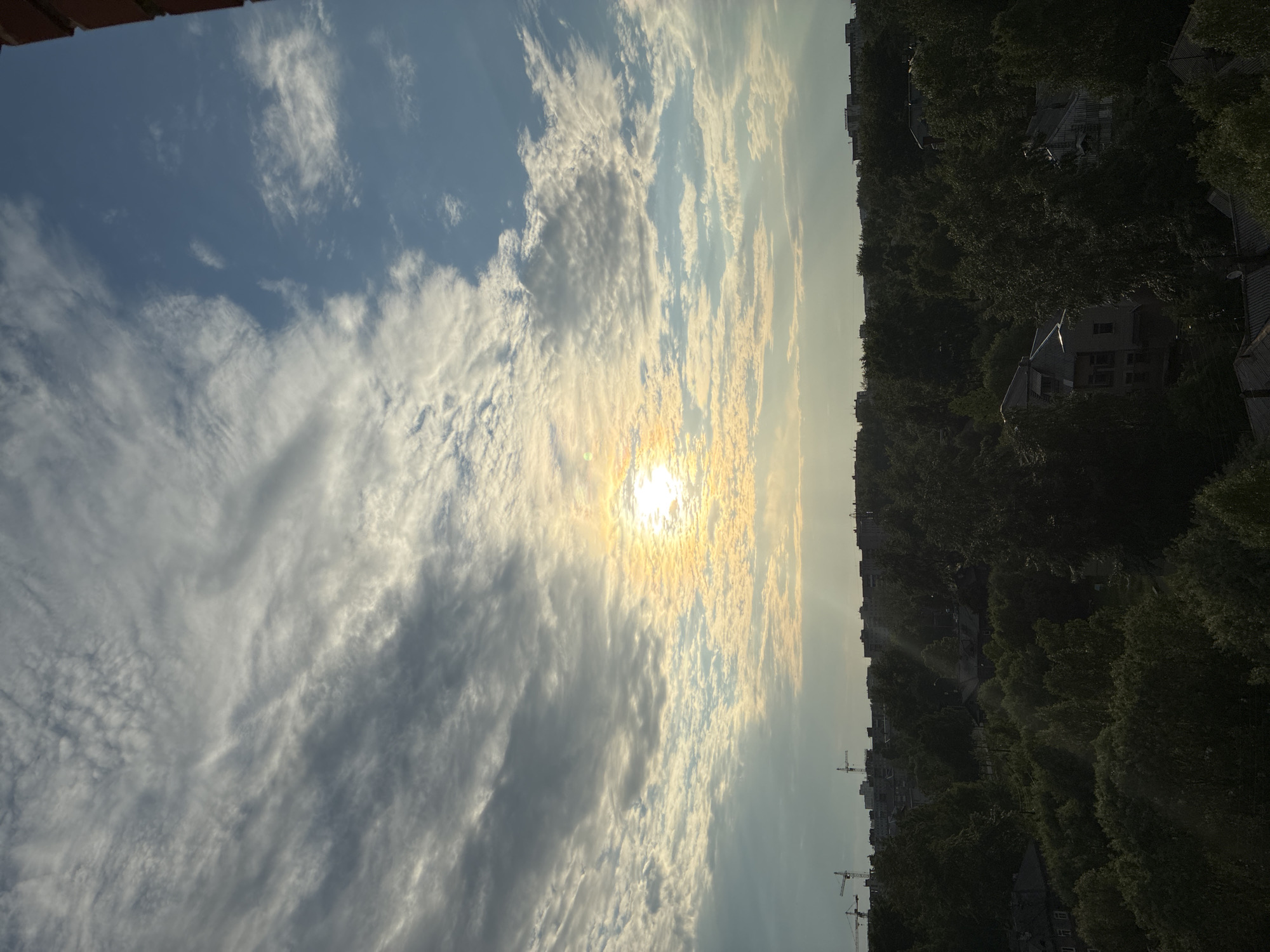An elevated long shot captures an urban or suburban landscape at what appears to be late afternoon or early evening. The upper half of the frame is dominated by a dynamic sky featuring a bright, overexposed sun positioned in the center-left. The sun's light radiates outward, illuminating a mix of dense, rippled clouds (altocumulus/stratocumulus) with golden and white hues, contrasting with patches of clear blue sky on the right. Below the sun, crepuscular rays are visible, filtering through the clouds and casting beams downwards.
The horizon line, stretching across the middle of the image, reveals a distant cityscape composed of various building structures, mostly silhouetted against the brighter sky. On the far left of the horizon, two prominent construction cranes are visible, indicating ongoing development.
The lower half to two-thirds of the image is densely packed with a canopy of dark green trees, suggesting extensive green spaces or tree-lined streets. Partially obscured by the foliage, and peaking above it, are several multi-story residential buildings with pitched roofs, appearing largely in shadow. The overall impression is a vibrant sky above a verdant, shadowed urban environment. A sliver of a brick structure is visible on the far right edge, suggesting the photograph was taken from a window or balcony. No individuals are discernible within the frame. The location is an unspecified city, in an unknown region.