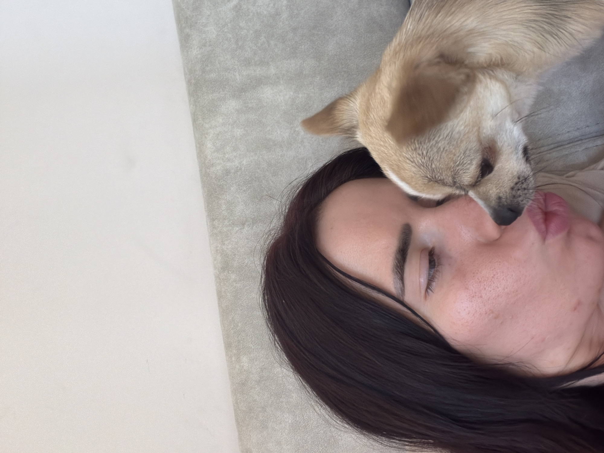 An intimate portrait captures a moment of affection between a woman and a small dog. The woman, with dark hair and fair skin, is depicted in profile, lying down with her eyes closed or partially closed, suggesting a state of relaxation. Her lips are slightly pursed. A small, light brown dog, resembling a Chihuahua, is positioned above her, leaning down to nuzzle or lick her face, specifically her lips and chin area, with its dark nose and mouth visible.
The scene takes place indoors, with the subjects resting on a light grey, textured fabric surface, possibly a couch or bed. To the left, a plain, light-colored background is visible. The lighting is soft and even, not indicating a specific time of day. The overall mood conveyed is one of warmth, tenderness, and connection between the woman and her pet. While no specific location cues are present in the image itself, the provided context places the scene in Sofia, Bulgaria. There is no visible text within the media file.