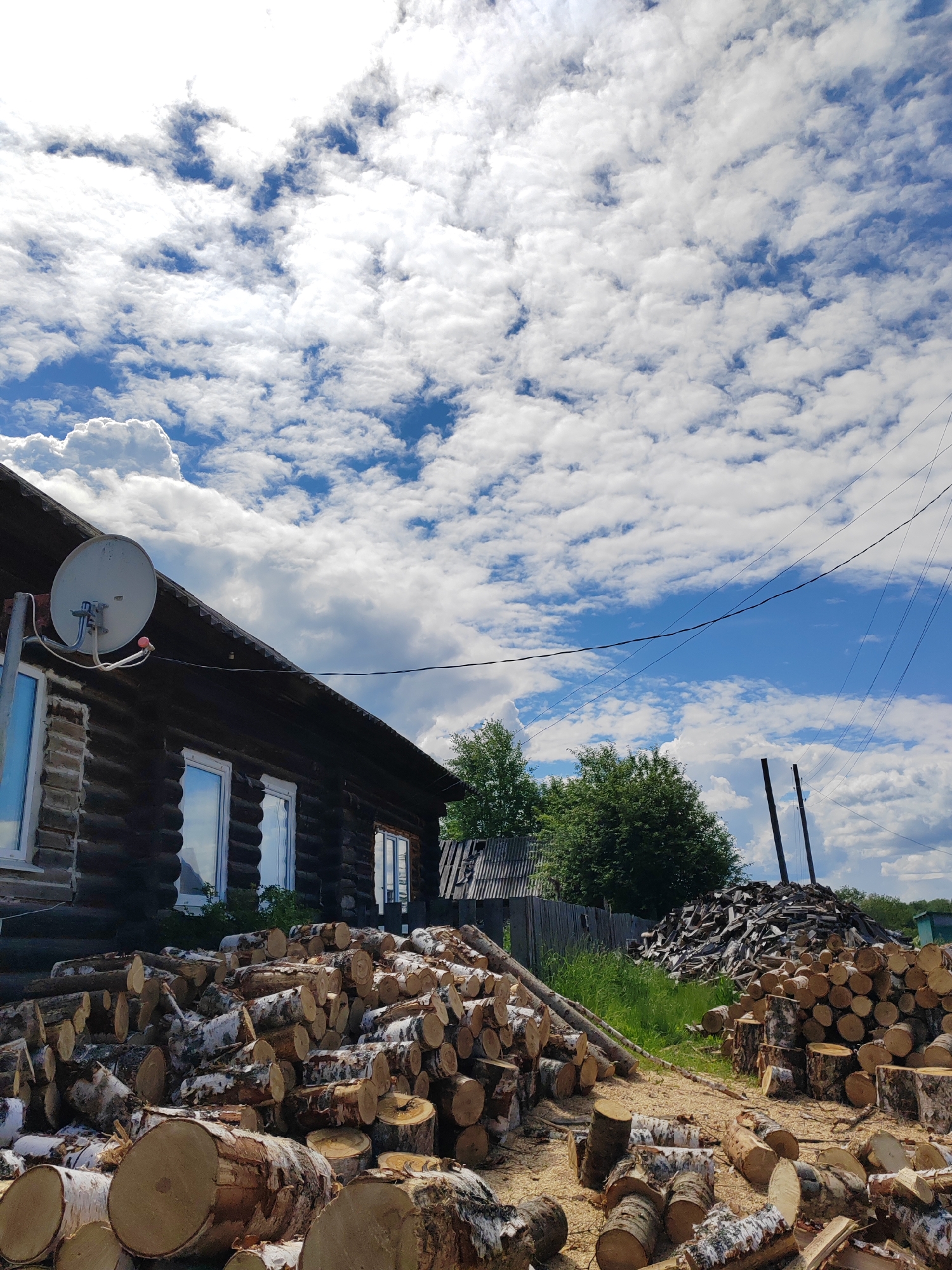 A wide-angle outdoor shot captures a rural or village scene under a bright blue sky dotted with numerous white cumulus clouds. In the upper left quadrant, the dark-stained, weathered log exterior of a house or cabin is partially visible, featuring multiple rectangular windows with reflective panes. A white satellite dish is affixed to the side of the house, near the roofline, with cables extending from it. Overhead power lines or communication wires traverse the sky, intersecting the frame.
The foreground and midground are dominated by extensive piles of freshly cut logs, primarily birch, identifiable by their light-colored cross-sections and patchy white bark. These logs are stacked loosely on the ground, which shows scattered sawdust. Further back on the right, a larger, denser pile of split firewood or older logs is stacked against a backdrop of green trees and tall grass. In the far background, two dark utility poles stand upright against the sky. A wooden fence and a dilapidated wooden structure are partially visible between the house and the large woodpile. No individuals are present in the frame. The location is an unknown rural area.