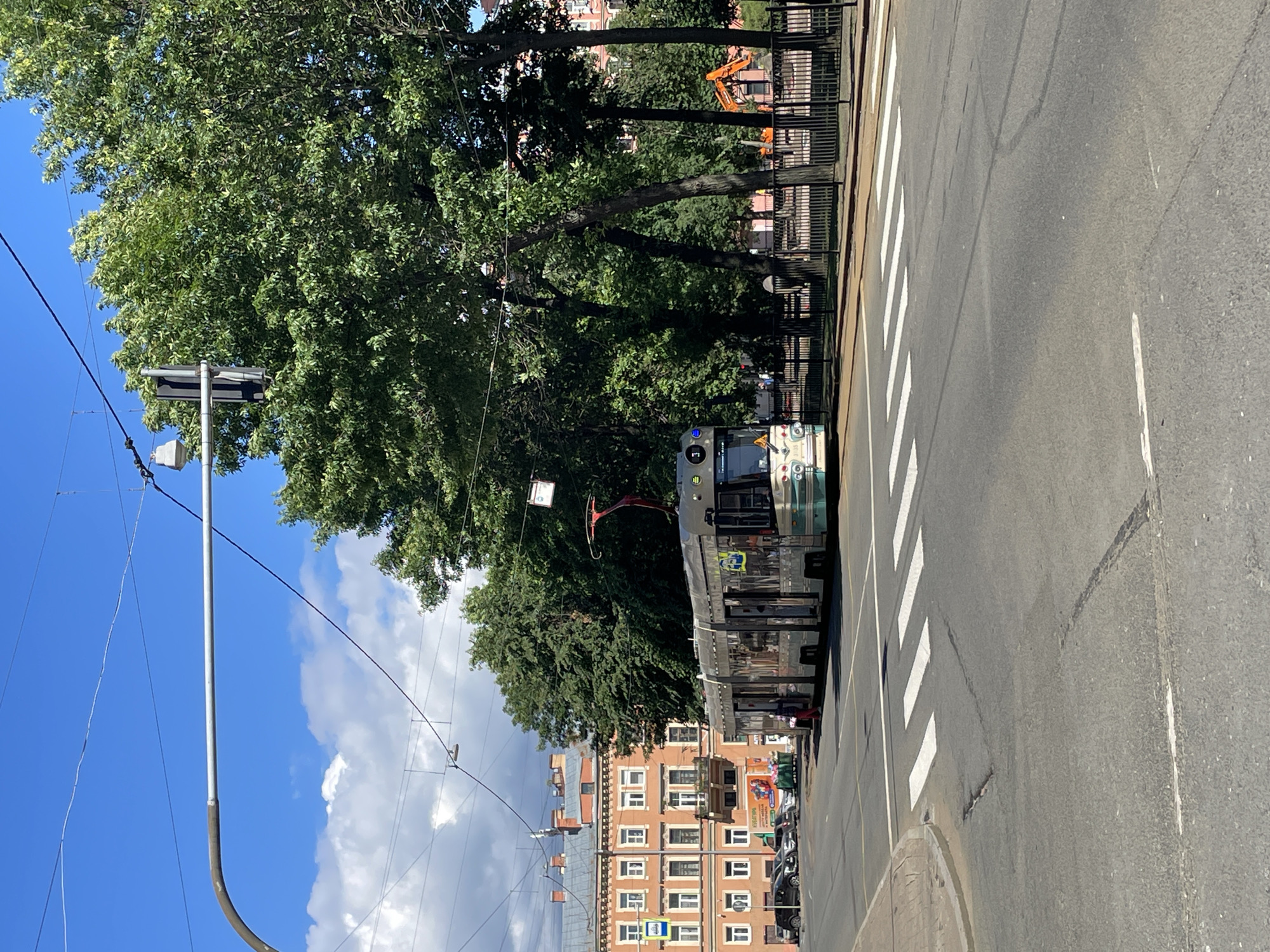 A tram is stopped at a pedestrian crossing on a street in Saint Petersburg, Russia. The tram is modern with a silver and green exterior. It is daytime, and the sky is blue with some clouds. Large trees line the street, providing shade. In the background, there are multi-story buildings with red brick facades and white-trimmed windows. Construction equipment, including an orange excavator, is visible behind a black metal fence. The street has a marked pedestrian crossing with white stripes. Electrical wires are strung overhead.