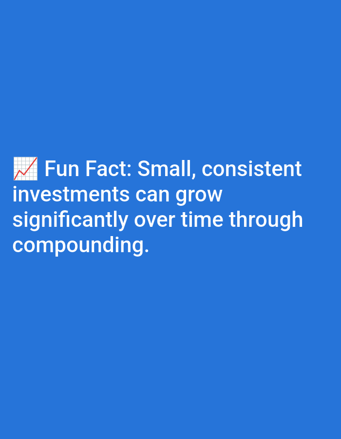 The image is a digital graphic with white text on a blue background. The text reads, "Fun Fact: Small, consistent investments can grow significantly over time through compounding." There is a small red line graph icon to the left of the text. There is no identifiable location in Lagos, Nigeria.