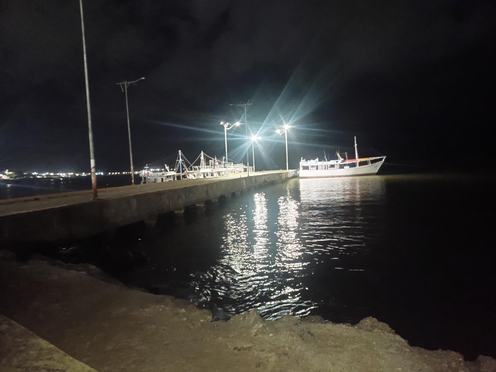 This is a nighttime photograph of a harbor scene in Juan Griego, Venezuela. A concrete pier extends into the dark water, illuminated by several streetlights. A white boat is docked at the pier, and other boats, possibly fishing vessels, are moored in the background. The water reflects the lights from the pier and the distant cityscape, creating a shimmering effect. The overall atmosphere is calm and serene, with a sense of quiet activity associated with a working harbor at night.