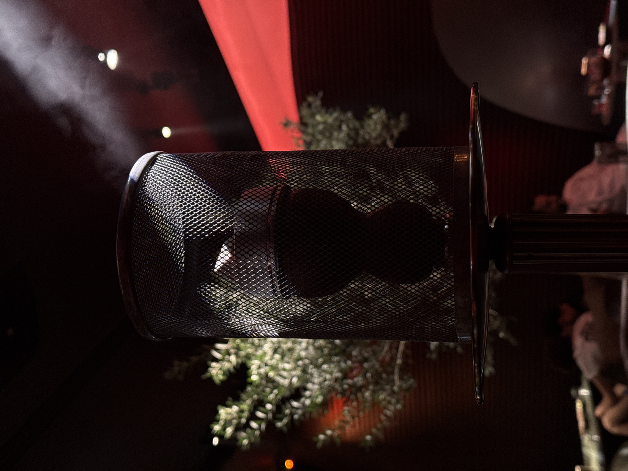 A horizontal, low-angle shot shows a metal-mesh cylinder, possibly a heat lamp or light fixture, with foliage visible through the mesh, set against a dark background with hints of red fabric. The cylinder is mounted on a metal pole, and blurry figures are discernible on the right side. A few spots of light are seen on the upper left. The location might be an outdoor venue in Dubai, United Arab Emirates, given the style and ambiance of the scene.