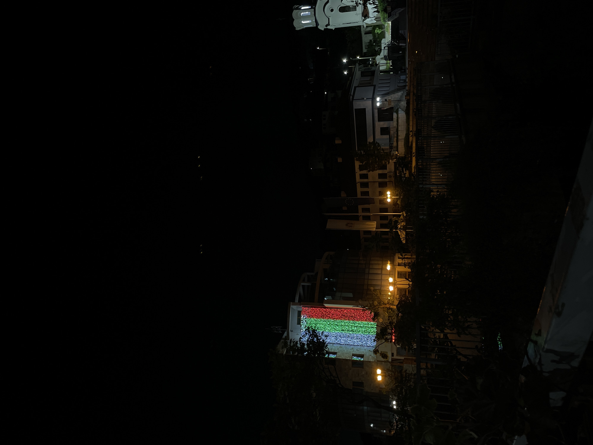 The image shows a nighttime scene in Nedelino, Bulgaria. A building is lit up with a large display of red, green, and blue lights, resembling a flag. Streetlights illuminate the surrounding area. The scene includes other buildings, some with architectural details, and trees. Part of a fence or railing is visible in the foreground.
