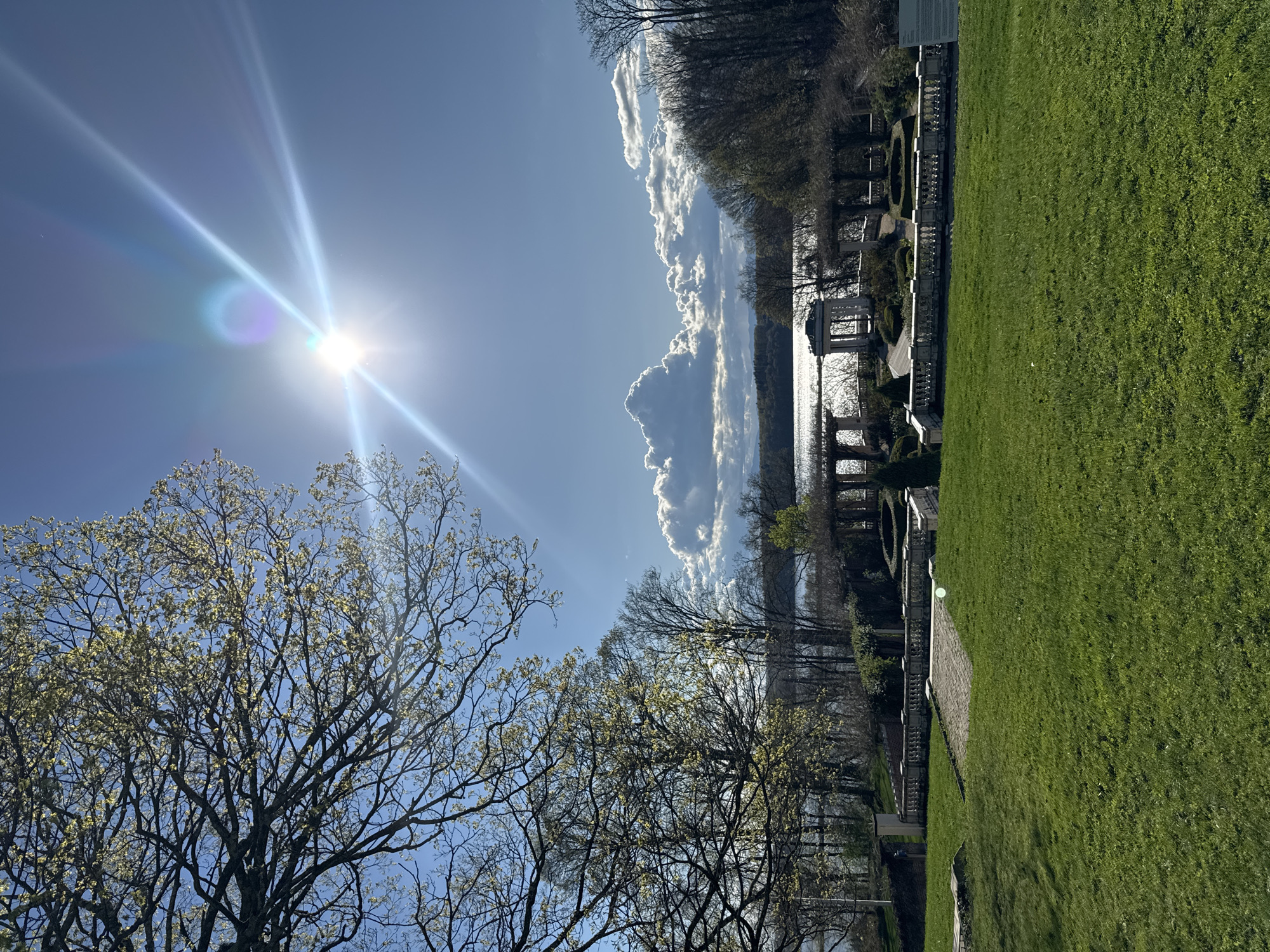 The photograph captures a sunlit scene at the Eleanor Roosevelt National Historic Site in the Town of Red Hook, United States of America. A manicured lawn extends from the right side, showcasing a paved walkway along a low stone retaining wall, interrupted by several decorative gazebos, towards a body of water. In the background, the water stretches out, flanked by trees on the opposite bank, and reflecting a sky punctuated by white, puffy clouds. Dominating the left side of the image, a tree with budding leaves reaches upwards, while the sun, positioned high in the sky, casts a strong glare and lens flares across the scene.