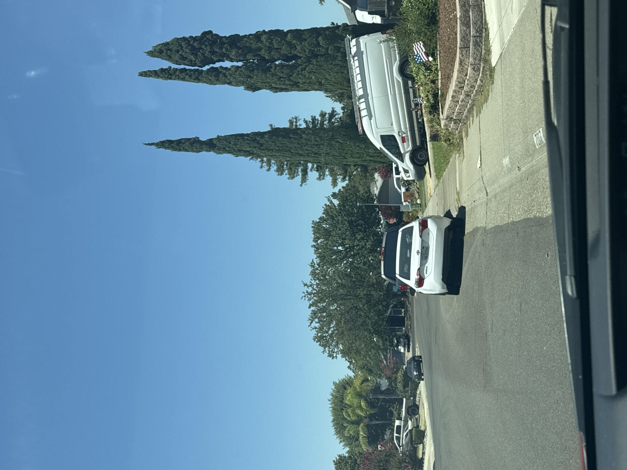 The image depicts a residential street in Citrus Heights, USA, under a clear, bright blue sky, suggesting it is daytime and fair weather. The scene is dominated by a row of tall, slender cypress trees lining a sidewalk. Parked on the street are several vehicles, including a white van with a ladder rack, a white SUV, and a dark-colored car. Some of these vehicles appear to be parked in driveways or along the curb.
A tiered retaining wall with stone blocks is visible along the side of the road, with small American flags planted in the grass and soil behind it, possibly indicating a patriotic display or holiday. The houses in the background are partially obscured by trees, but appear to be typical suburban homes. The street itself is paved, with visible lane markings and a curb. The overall impression is one of a quiet, sunny day in a suburban neighborhood.
No people are visible in the frame. The activity taking place is passive observation of the scene. Notable details include the distinct shape of the cypress trees and the presence of multiple parked vehicles. A license plate is partially visible on the white SUV, reading "9AT6556". Another partial license plate can be seen on the white van. The image is captured from a perspective that suggests the viewer is inside a vehicle looking out.