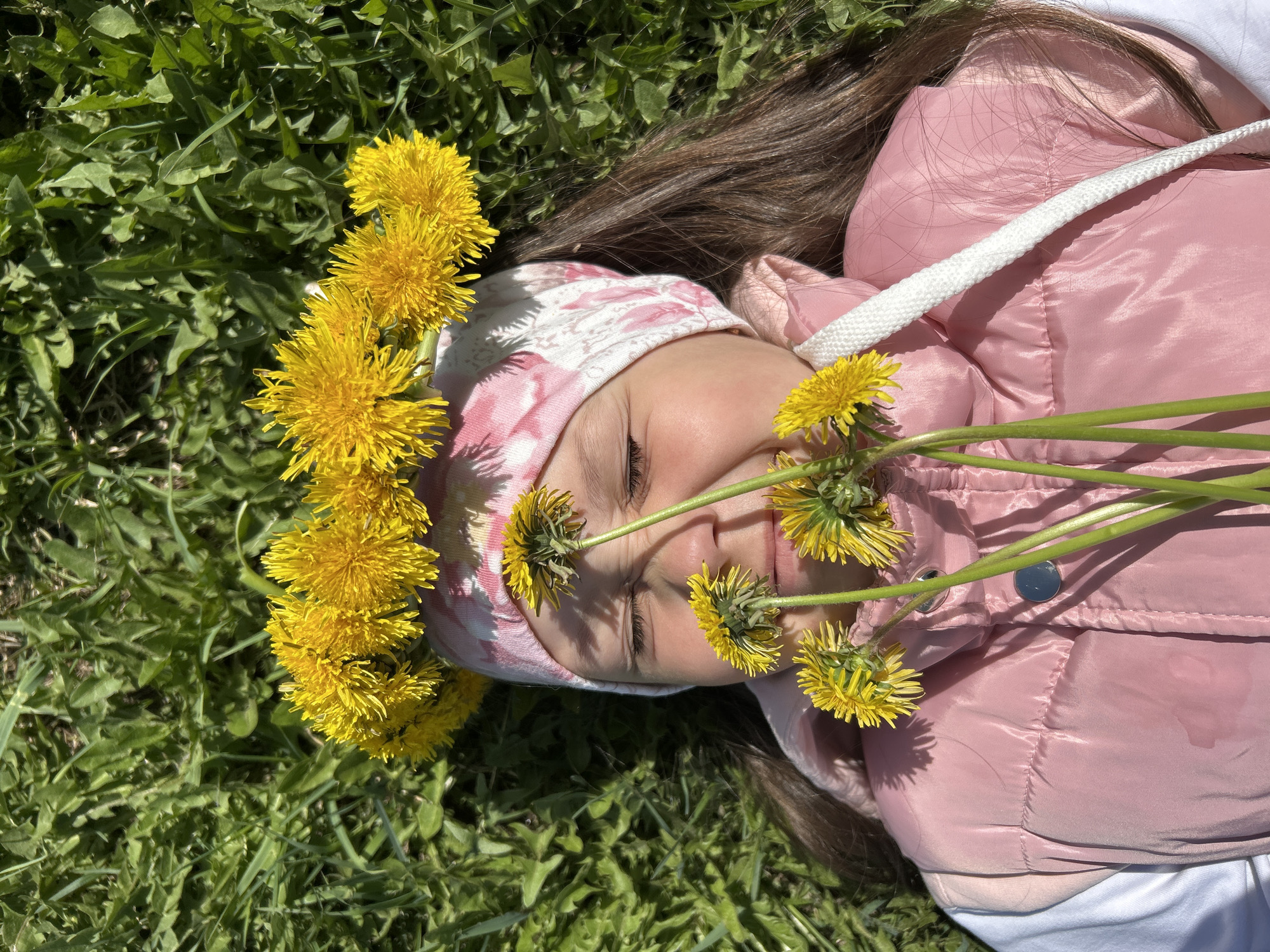 A child, possibly a young girl, lies on a grassy field with dandelions. The location is likely in Chaikovsky, Russia, given the prompt. The child is wearing a pink puffy jacket, a white hooded sweatshirt, and a pink floral hat. She has brown hair. Several dandelions are arranged around her face, with some placed directly on her forehead and nose. The environment consists of green grass. The scene is captured from a top-down perspective.