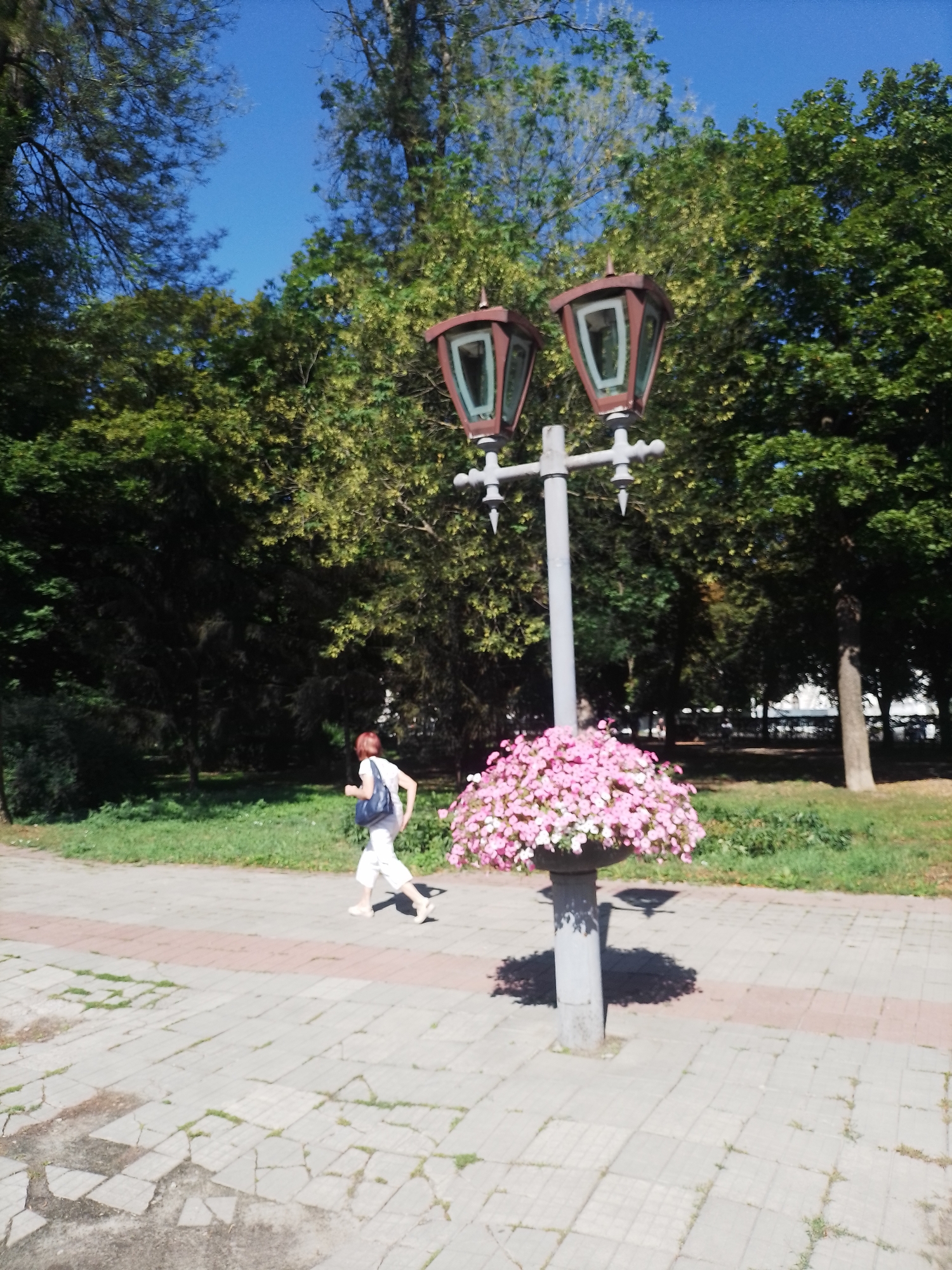 A person with red hair and a white shirt is walking on a paved path in a park. The person is carrying a dark blue bag. In the foreground, there is a lamppost with a planter box filled with pink flowers. Behind the person and lamppost, there are trees and a clear blue sky. The scene appears to be outdoors on a sunny day, likely in Poltava, Ukraine, given the context. The paving stones are in disrepair in some areas.
