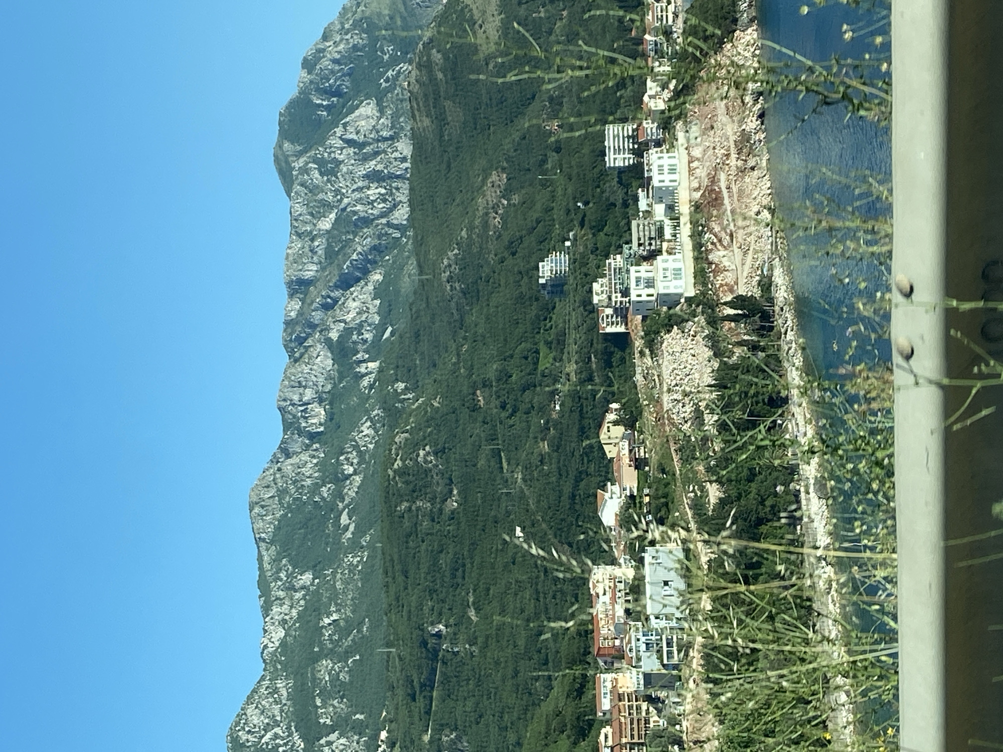 The image shows a view of Rafailovići, Montenegro, from an elevated perspective. The scene includes a steep, rocky mountain range to the left, with sparse vegetation covering its slopes. Below the mountain, the landscape transitions to a dense, green forest. The architecture of Rafailovići is visible along the coastline, featuring a mix of white buildings and structures with reddish-brown roofs. Adjacent to the buildings, the coastline is rocky and includes a narrow strip of beach. The Adriatic Sea is visible to the right. Some vegetation, appearing as tall grass, is in the foreground, partially obscuring the view. A metal post, possibly a guardrail, is also visible in the foreground, indicating the photo was taken from a road or pathway.