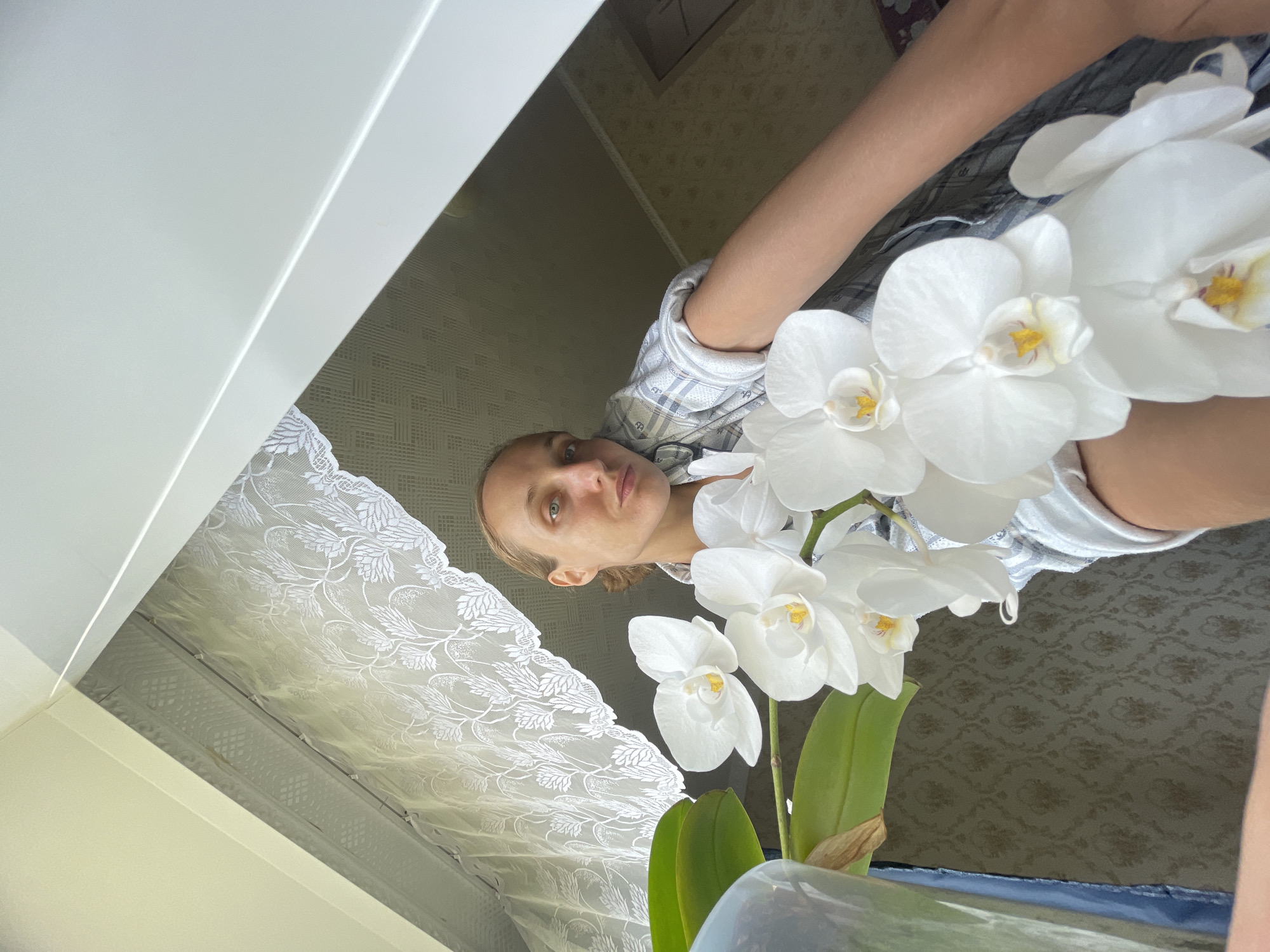 A low-angle, eye-level shot captures a person posing with white orchids in what appears to be a residential interior. The person, with blonde hair pulled back and light blue eyes, is wearing a checkered shirt. Their left arm is extended, and they are partially obscured by a blooming orchid plant. The background features a lace curtain over a window, patterned wallpaper, and a white ceiling. The scene is well-lit, suggesting natural light. There are no discernible landmarks that would indicate the specific location within Sharkan, Russia.