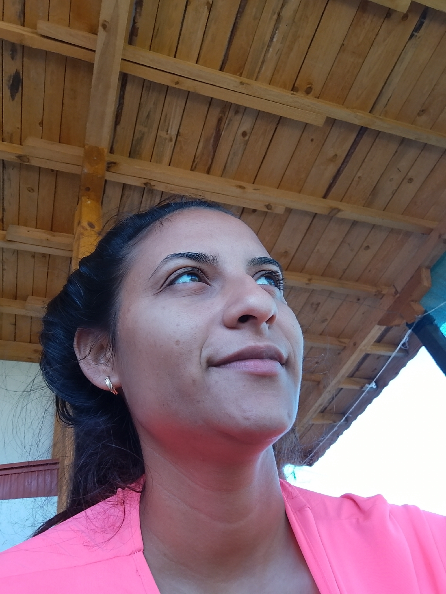 A medium shot portrait of a woman with dark hair, looking up and to the right. She is wearing a bright pink top and a small gold hoop earring in her left ear. The background consists of a wooden ceiling with visible beams and planks. The lighting suggests an outdoor or semi-outdoor setting, possibly under a covered porch or gazebo. The image is taken from a low angle, emphasizing the wooden structure above. There is no indication of the city of Zimnitsa, Bulgaria, within the image itself.