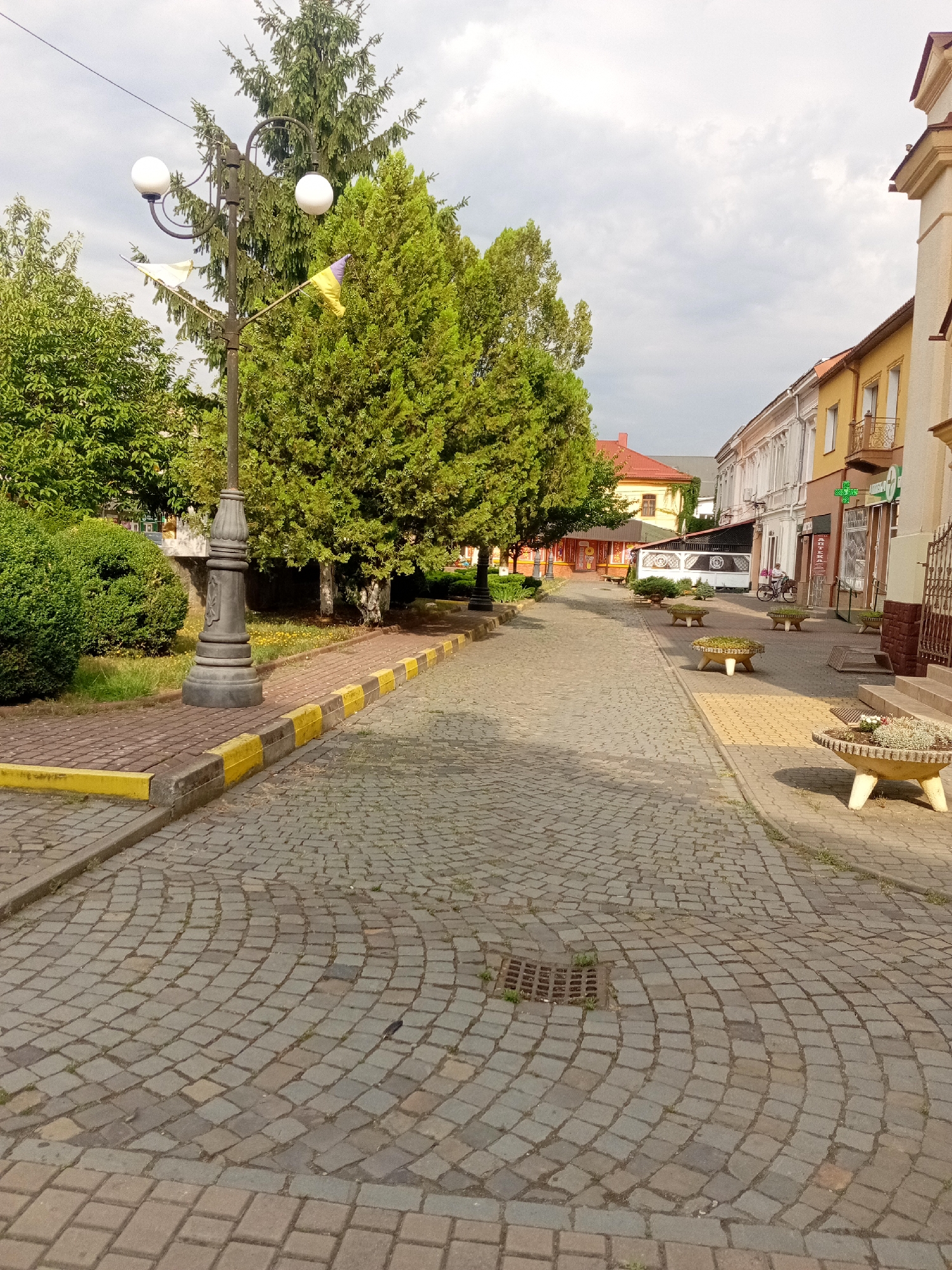 The image shows a street scene in Tiachiv, Ukraine, characterized by a cobblestone road and a sidewalk. On the left side of the road, there is a park-like area with lush green trees and bushes. A vintage street lamp with two spherical lights stands prominently near the sidewalk. The sidewalk is bordered by yellow and gray curbs. The road itself is paved with gray cobblestones arranged in a curved pattern. In the background, buildings line the right side of the street, including shops with awnings and balconies. A person on a bicycle is visible in the distance on the right side of the road. Several decorative planters with plants are placed along the sidewalk. Two flags, one white and one blue and yellow, are flying from the street lamp. The sky is overcast with clouds.