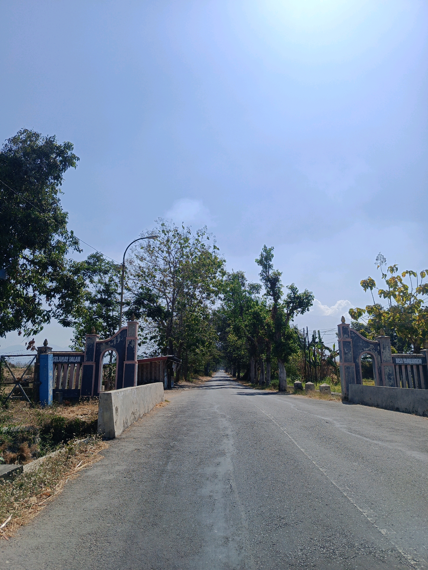 The image shows a road leading through Tamanan, Indonesia. On the left side of the road, there is an arched gate with the words "SELAMAT JALAN" (which translates to "Have a nice trip") written on it. The gate is decorated with dark blue and pink accents and has two small decorative finials on top. Adjacent to the gate is a fence. On the right side of the road, there is a similar arched gate with the words "DESA TAHUNREJO" written on it. Both gates appear to mark an entrance into a village or area. The road is asphalt and has a white dashed line marking the center. Trees line both sides of the road, creating a canopy effect in some areas. The sky is clear and blue with some wispy clouds. The overall impression is of a rural Indonesian road on a sunny day.