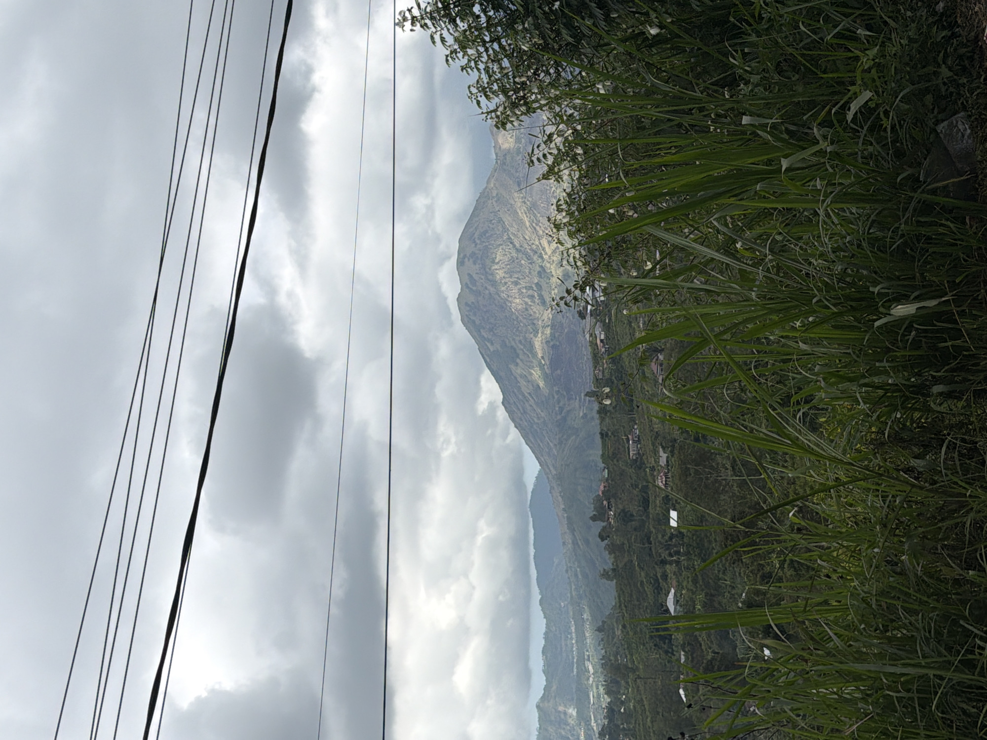 The image depicts a scenic view of the Kintamani region in Indonesia, characterized by its mountainous landscape and lush vegetation. In the foreground, tall, dense green grass and foliage dominate the lower portion of the frame, partially obscuring the view. Above this verdant layer, a winding mountain range stretches across the middle ground, dotted with scattered houses and buildings, suggesting a rural or semi-urban settlement. The most prominent feature in the distance is a large, conical mountain, its slopes covered in vegetation and its summit partially shrouded by thick, grey clouds. Several power lines are visible in the upper part of the image, stretching horizontally across the sky. The overall atmosphere is overcast, with the sky filled with heavy, dramatic clouds, contributing to a somewhat muted and dramatic visual quality.