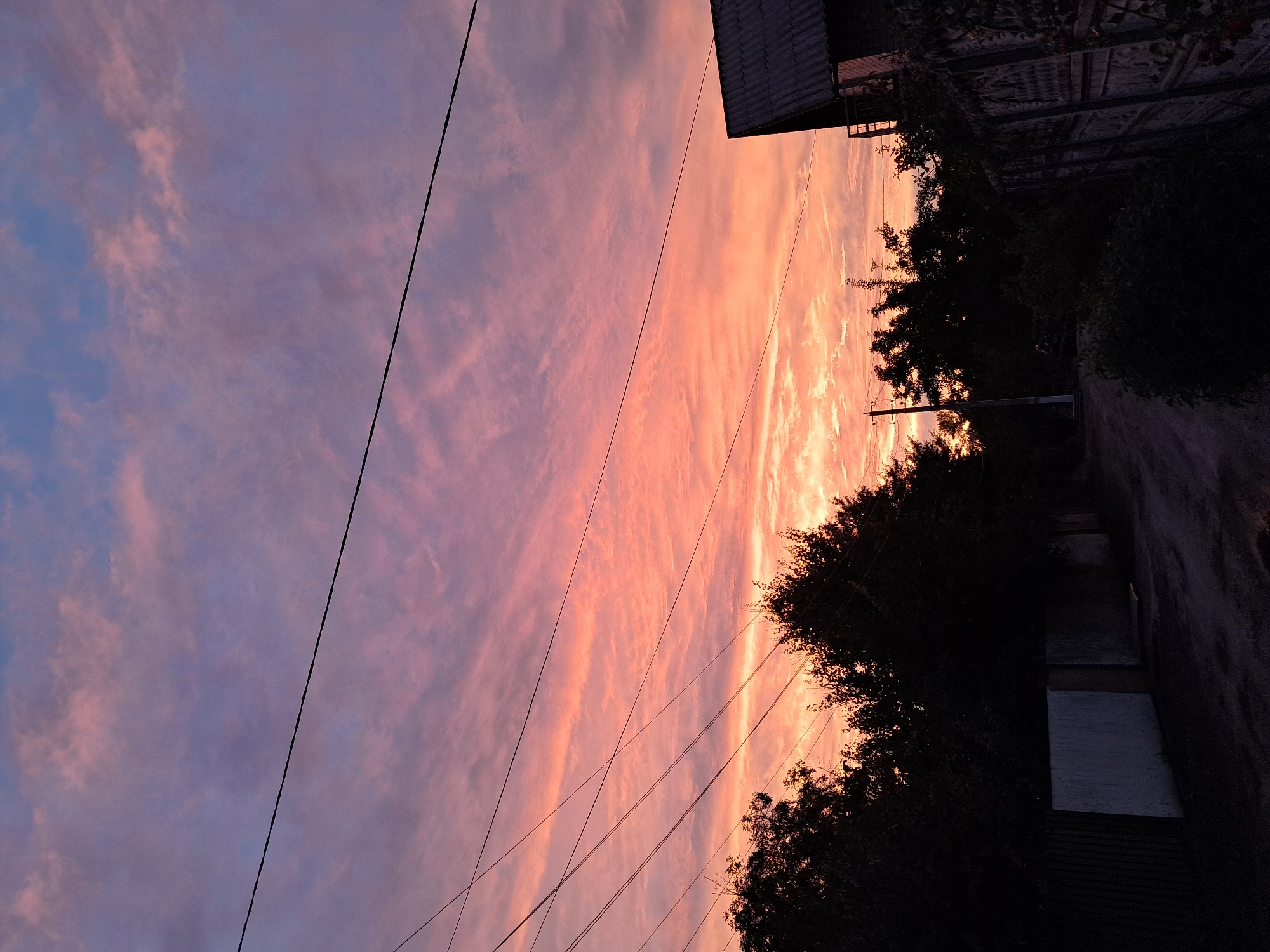 The image depicts a suburban or rural street scene at dusk, with a dramatic sky painted in hues of pink, orange, and purple. Wispy clouds are illuminated by the setting sun. Silhouetted against the vibrant sky are the dark shapes of trees, utility poles, and power lines crisscrossing the upper portion of the frame. On the right side of the image, the roofline and upper portion of a house are visible. The lower portion of the image shows a dirt road and various fences and vegetation, all rendered in shadow due to the low light conditions. The scene appears to be a quiet, residential area, possibly on the outskirts of a city. Without further information, it is not possible to definitively identify the specific location within Kremenchuk, Ukraine.