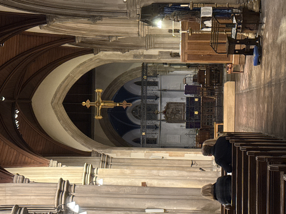 This image depicts the interior of Southwark Cathedral, located in the London Borough of Southwark, United Kingdom. The perspective is from the nave, looking towards the chancel and altar.
The scene is dominated by Gothic architectural elements. Tall, light-colored stone columns with multiple shafts line the nave on the left, supporting pointed arches. The ceiling features dark wooden ribbed vaults. Centrally, a large, ornate gilded crucifix (rood) with a figure of Christ is suspended prominently from the chancel arch, serving as a focal point. Beyond this arch, the chancel is visible, enclosed by a decorative black metal screen. The main altar is located within the chancel, draped in purple liturgical fabric, suggesting a season like Lent or Advent. Behind the altar, a carved altarpiece or reredos depicts a religious scene. Further back, additional arched passages with darker blue vaulted ceilings are discernible.
In the immediate foreground, the backs of two individuals are visible, seated in dark wooden pews on the left side of the nave. The person on the left has short, light-colored hair and wears a dark, patterned jacket. The person on the right has short, dark hair and wears a plain dark jacket; a third person's light hair is partially visible next to them. No direct interaction or specific action is observed from these individuals. The nave floor is a patterned, light-colored stone.
On the right side of the image, closer to the foreground, a tall, dark wooden cabinet stands. Adjacent to it, a wooden statue of the Madonna and Child, draped with a blue cloth, rests on an ornate wooden pedestal. Two unlit candles in tall golden candlesticks flank the statue. A wooden kneeler with a blue cushion is positioned on the floor nearby, along with a small wooden lectern-like stand. An overhead light fixture illuminates this area. The overall lighting is dim and artificial, creating a solemn ambiance within the cathedral.