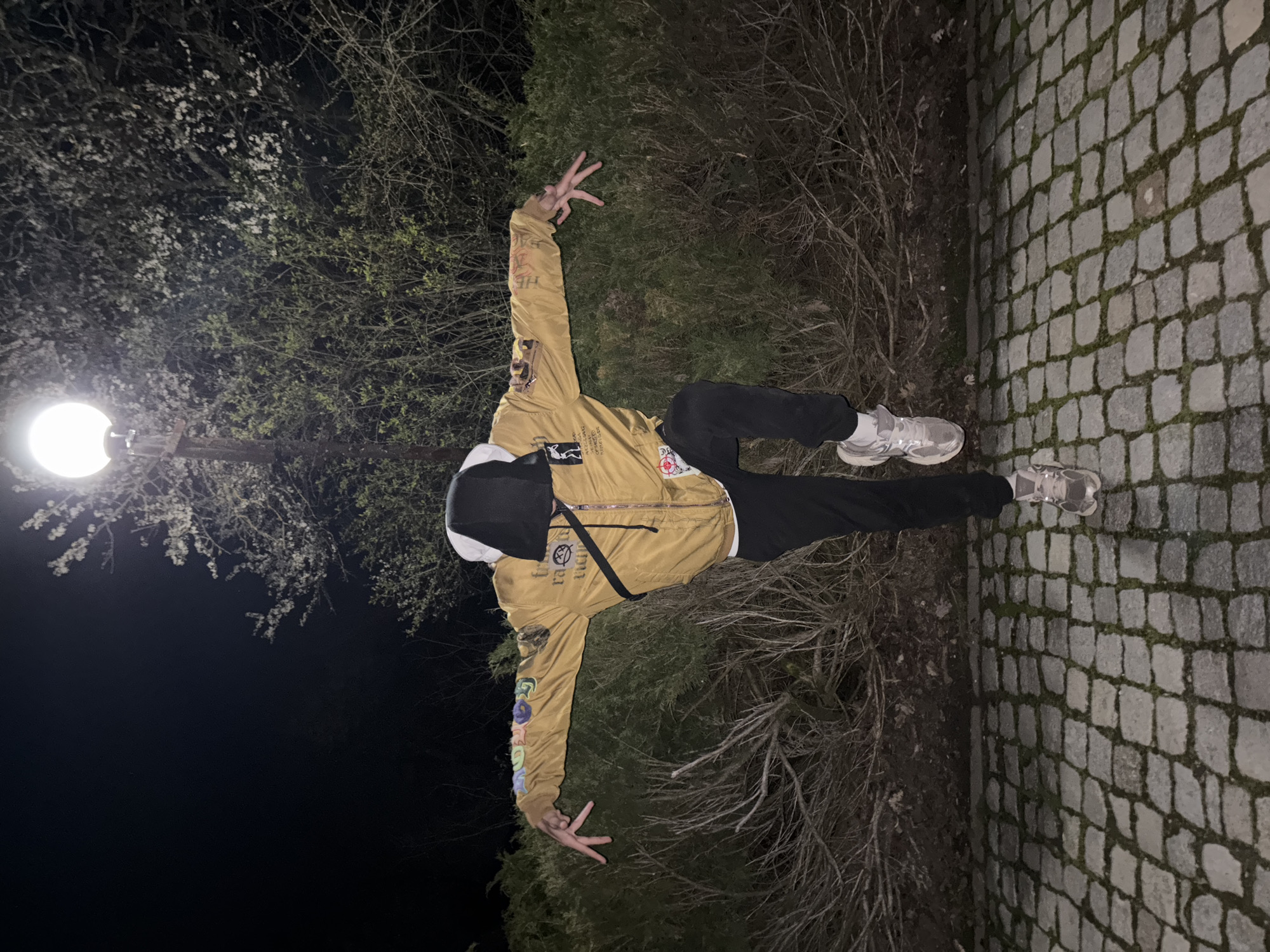 A person stands on a cobblestone path beside bushes at night, under a streetlight. The person wears a black hooded sweatshirt, a light brown jacket with patches, black pants, and grey sneakers. The left arm is extended upwards, with the hand making a gesture. The location is within the city of Shumen, Bulgaria.