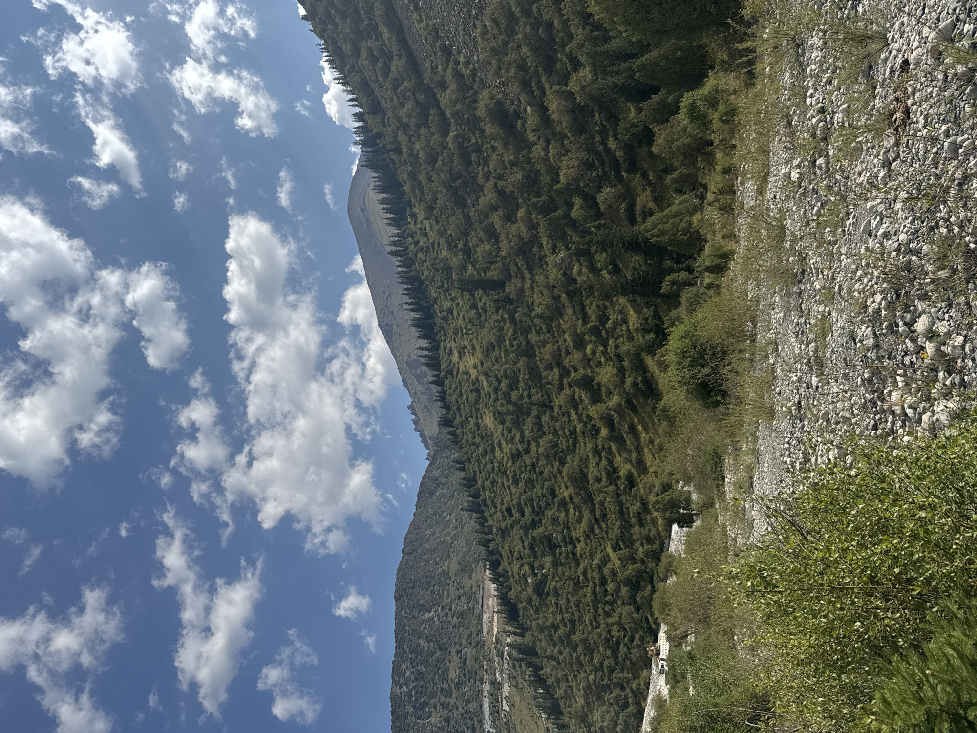 This image depicts a mountainous landscape under a bright blue sky with scattered white clouds. The foreground is a rocky, dry riverbed with sparse green vegetation. A dirt road winds up the left side of the mountain, where there are some buildings and trees. The slopes of the mountains are covered in dense green foliage and numerous coniferous trees. The summit of the main mountain in the background is bare and rocky. A construction vehicle, possibly a truck, is visible in the mid-ground on the left, near the road. The scene appears to be in a rural, mountainous area, consistent with the topography of Kyrgyzstan, but the specific location within the country is not identifiable from the image alone.