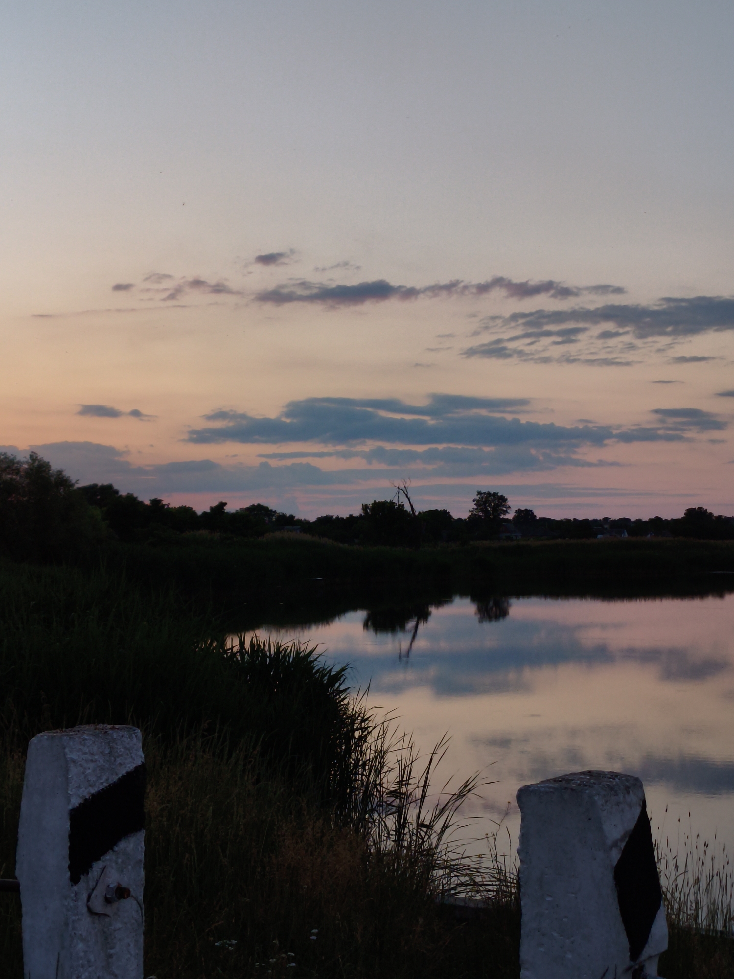 The image depicts a serene sunset scene by a body of water in Ustyvytsia, Ukraine. The sky is painted with soft hues of pink, orange, and light blue, with scattered clouds. The tranquil water perfectly reflects the sky and the dark silhouettes of trees and vegetation along the opposite bank. In the foreground, two concrete posts with black diagonal markings stand on the grassy bank, suggesting a roadside or pathway. The overall atmosphere is peaceful and natural.