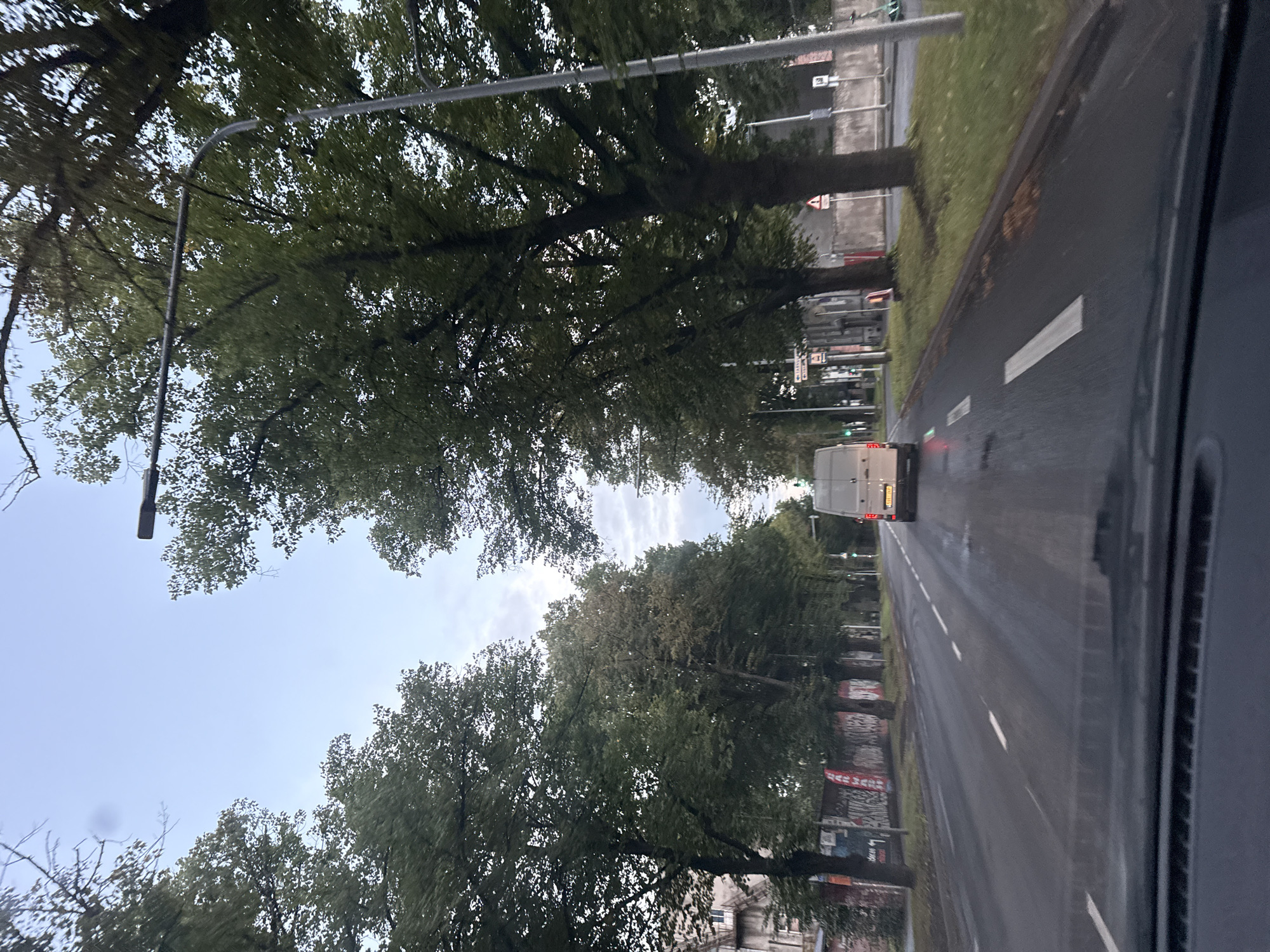 The image depicts a view from inside a vehicle looking forward onto a wet road lined with trees in Tallinn, Estonia. A white van is traveling ahead on the right lane, its license plate is partially visible. The road has white lane markings. On the left side of the road, there are buildings and graffiti on a wall. The sky is overcast with some blue patches. Tall trees with green leaves line both sides of the road, some with branches extending over the street. A street lamp is visible on the right side of the image. The overall scene suggests an urban environment, possibly a city street, during daytime, with evidence of recent rain.