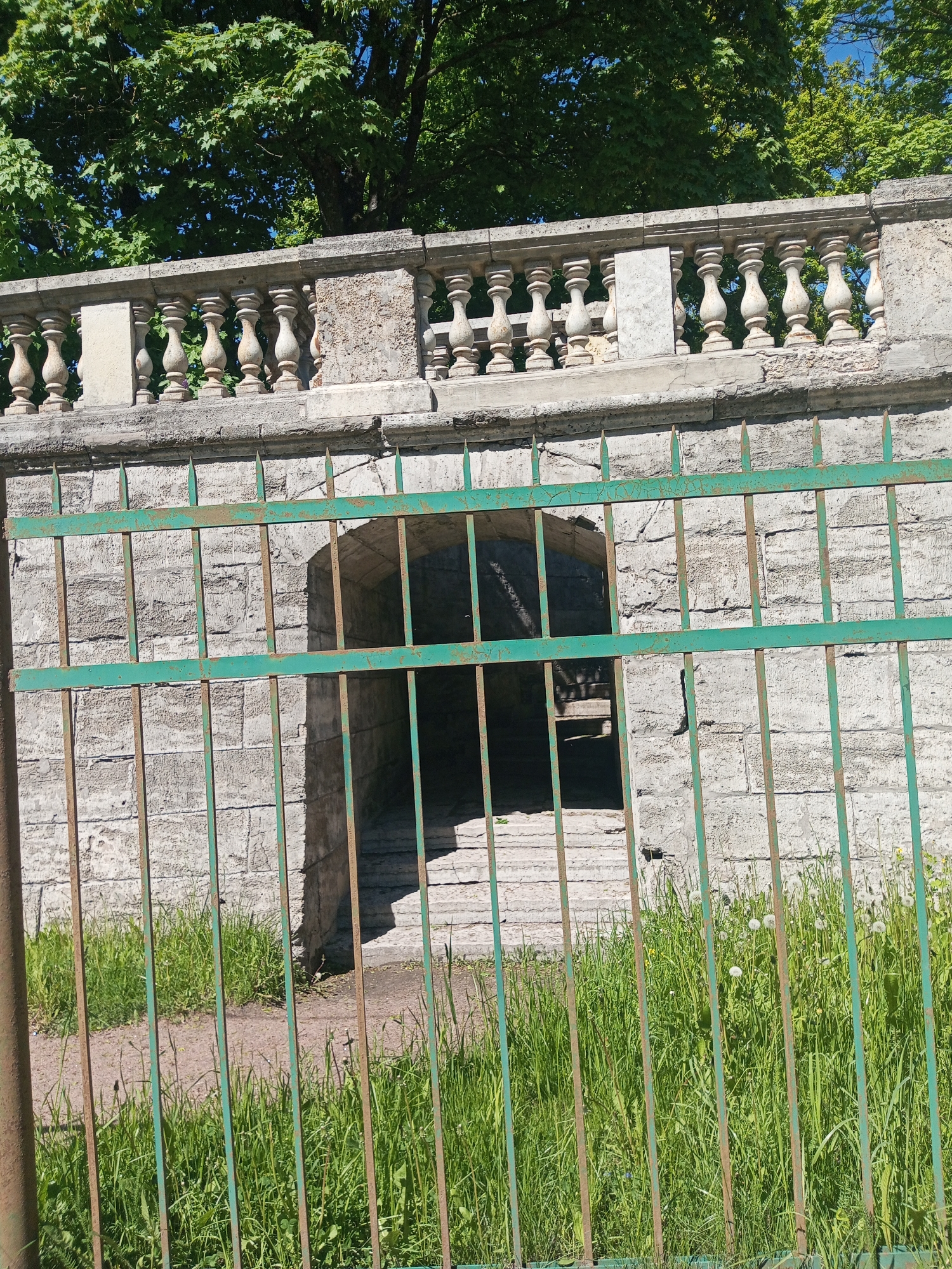 A green metal fence stands in front of a stone wall with an arched opening in Gatchina, Russia. Stairs are visible through the archway. A stone balustrade is above the wall, and trees are in the background. Grass grows in front of the fence.