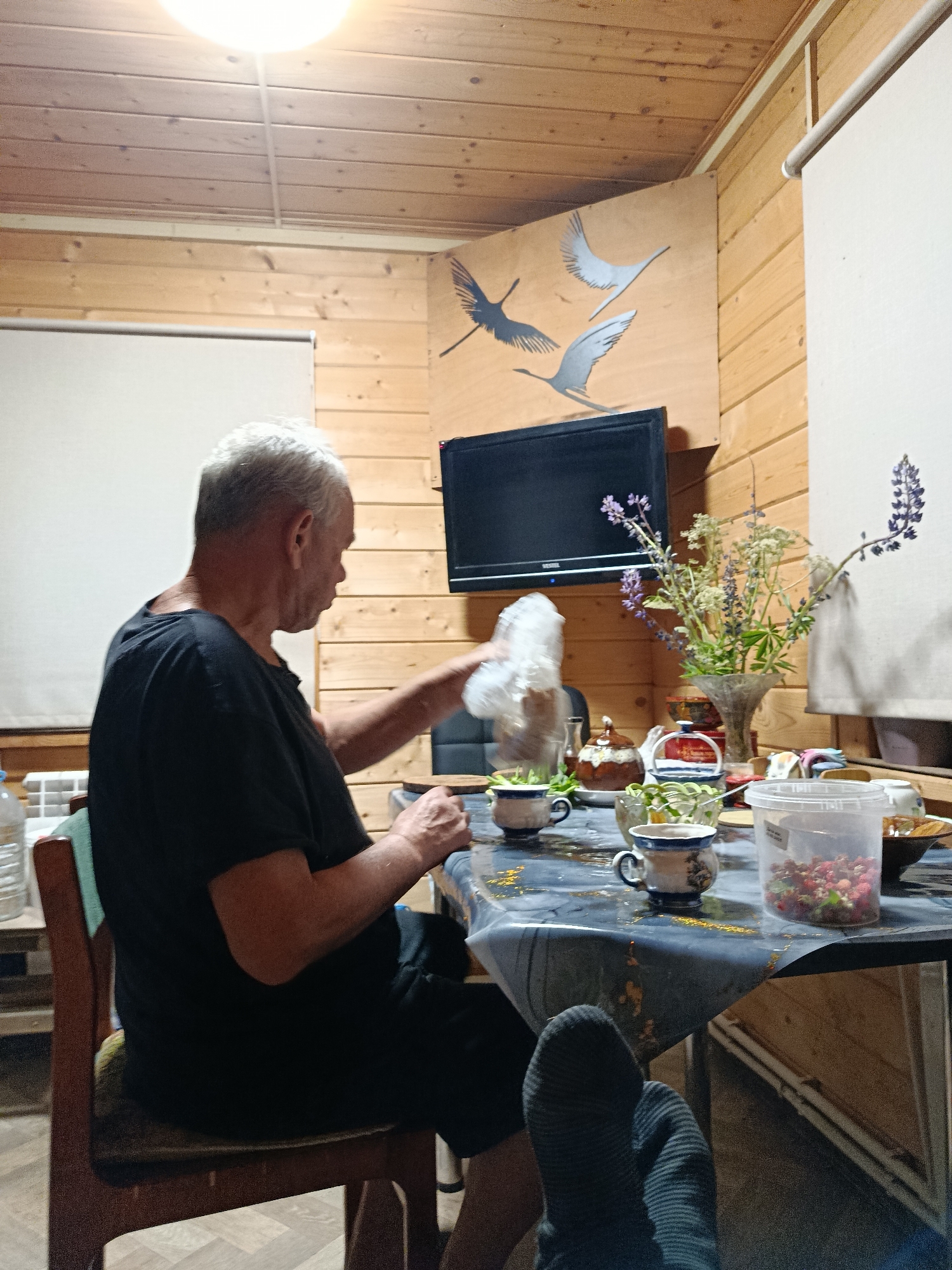 A middle-aged man with gray hair, wearing a black t-shirt and black pants, is seated at a table in a room with wooden walls and ceiling. He is holding a clear plastic bag in his right hand, reaching towards the table. The table is covered with a dark tablecloth and set with two ceramic cups, a glass vase with flowers, a teapot, and a clear plastic container filled with red berries. A television is mounted on the wall above the table, displaying a black screen. A light fixture illuminates the room from the ceiling. The scene appears to be indoors, possibly a dining area or living space.
