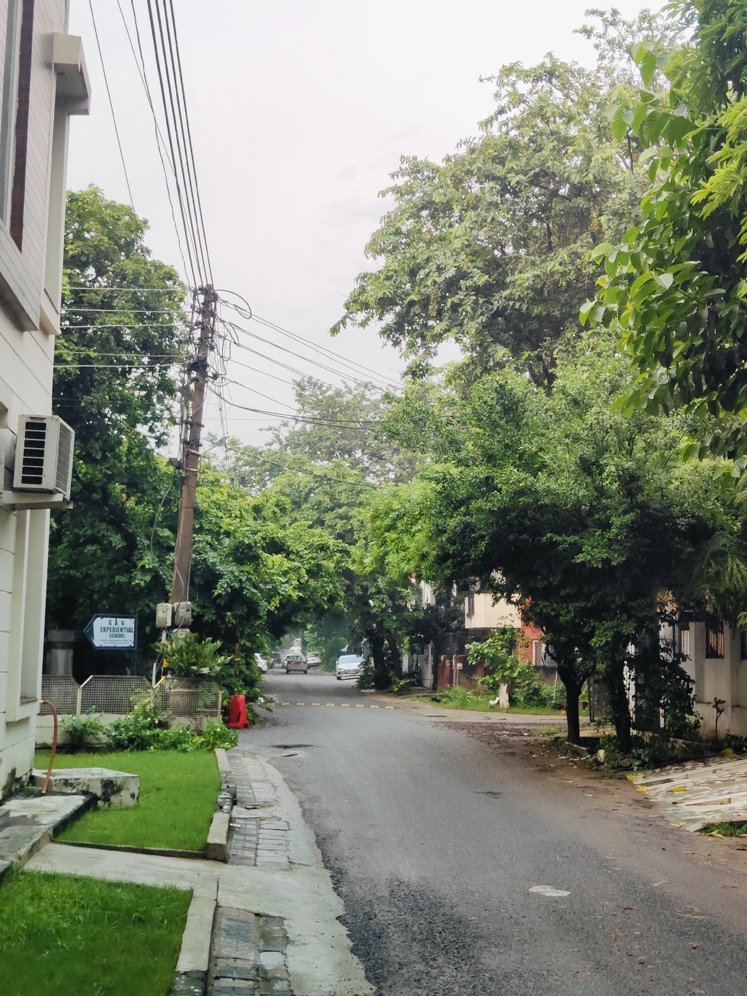 A serene, overcast day in Gurgaon, India, unfolds on a tree-lined residential street. The viewpoint is from the left side of the road, looking down its length, which curves gently to the right. Lush green trees and dense foliage dominate the scene, creating a tunnel effect over the asphalt.
On the left, a modern building with white siding and a prominent window is visible. An outdoor air conditioning unit is mounted on its exterior wall. Adjacent to the building is a well-maintained lawn bordered by a concrete pathway and a sidewalk. A directional sign pointing to "G.A.V. EXPERIENTIAL SCHOOL" is mounted on a utility pole near the building. A bright red traffic cone stands near the sidewalk, contrasting with the greenery.
The road itself is asphalt, appearing damp, suggesting recent rain or humidity. A few vehicles, including a silver sedan and a white car, are seen driving away from the camera. The right side of the street features more trees, glimpses of residential buildings with windows and balconies, and some paved areas. The sky is a uniform, muted grey, contributing to the tranquil atmosphere. The overall impression is one of a quiet, green urban neighborhood.