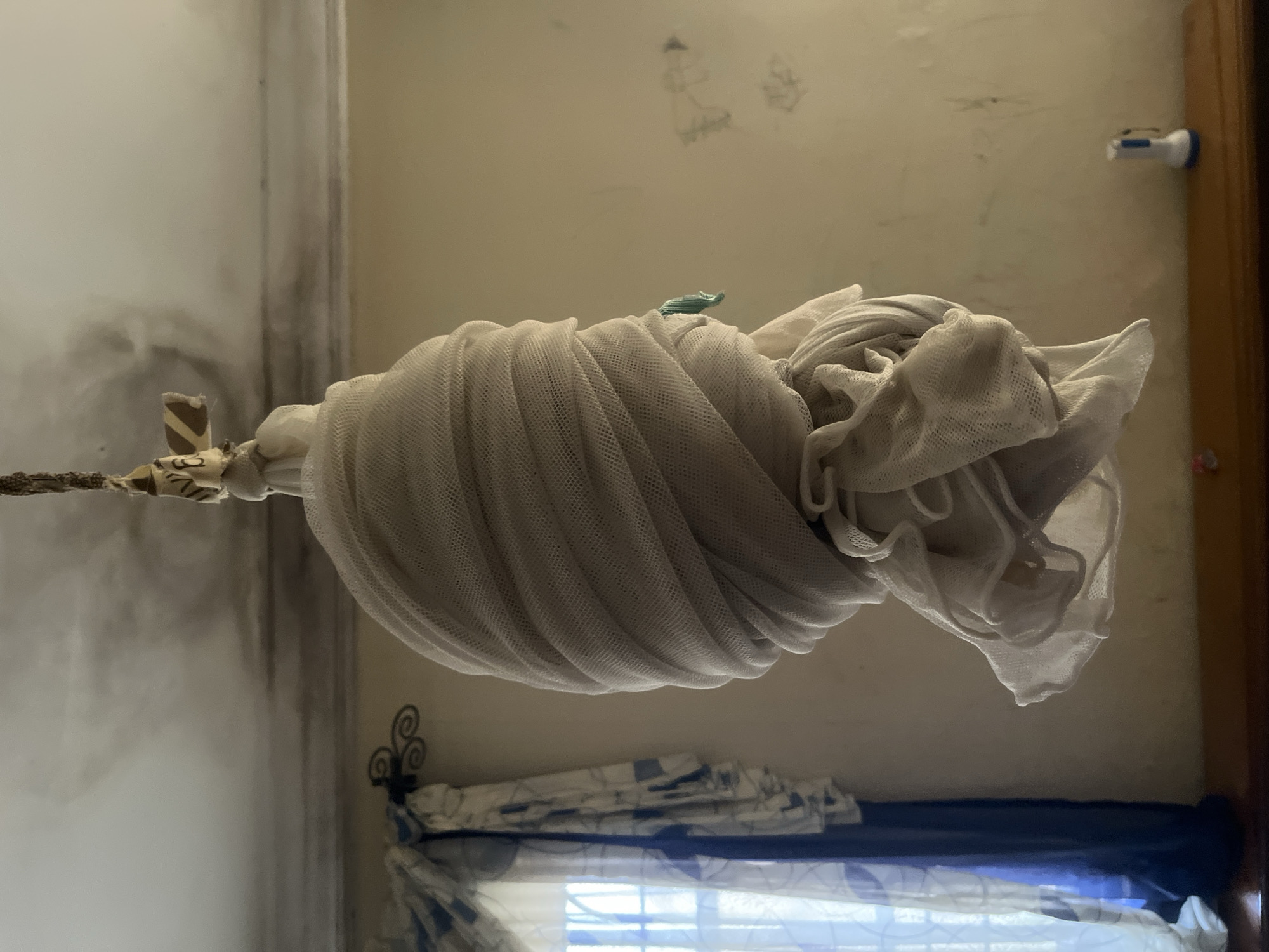 The image shows a room with a white net bunched up and hanging from a string. The net is large and appears to be a mosquito net. The room has light-colored walls with some smudges and faint drawings. In the background, there is a wooden door frame and a flashlight mounted on the wall. Below the hanging net, there are curtains. The lighting suggests it could be daytime, but the overall atmosphere is somewhat dim and cluttered. There is no visible text in the image. The scene is likely a bedroom or living area in a residential setting.