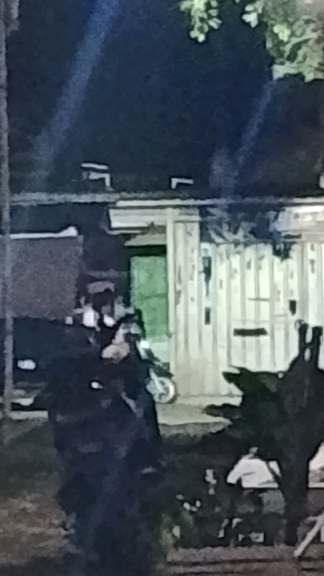 In an outdoor setting, possibly a residential area in Ujungrusi, Indonesia, at night, a dimly lit scene depicts several individuals and objects. In the foreground, a dark, amorphous shape occupies the bottom portion of the image, potentially representing dense foliage or shadows. To the right, another dark silhouette suggests a tree or a large bush.
A person wearing a white top is visible amidst the shadows, seated or leaning against something. To the left and center of the image, a group of figures, mostly obscured by darkness, appear to be gathered. One individual in the center appears to be wearing dark clothing and is positioned near a motorcycle. The motorcycle, a lighter color with visible wheels and handlebars, is partially seen.
Behind the figures, a building structure is discernible. It features vertical siding in a light color and what appears to be a green door or panel set within an entrance. The roofline of the structure is visible at the top of the image, with some lighter-colored markings, possibly vents or structural elements. Scattered foliage from trees with lighter green leaves can be seen in the upper right corner of the frame. The overall lighting suggests nighttime conditions, possibly with artificial illumination casting long shadows and limiting visibility.