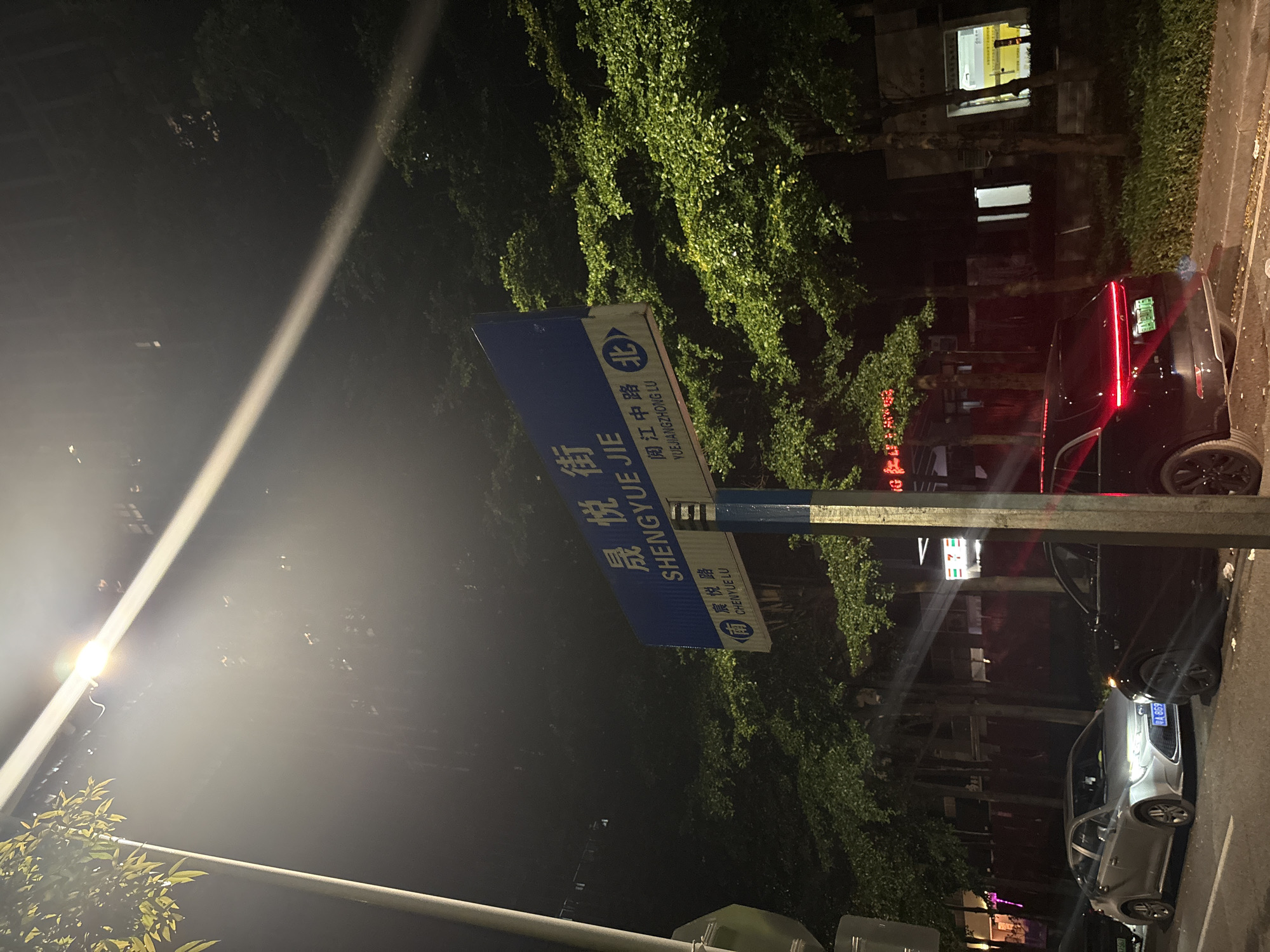 This is a nighttime photograph taken outdoors, likely in an urban environment in Haizhu District, China. The scene is illuminated by streetlights and the headlights of cars, creating a somewhat hazy and atmospheric effect.
The primary subject is a street signpost with blue and white signage. The upper sign, in Chinese characters, reads "阅江中路" (YUEJIANGZHONG LU), indicating a road name. Below it, another sign with Chinese characters and English text reads "晟悦街 SHENGYUE JIE", likely another street name or designation. There is also a smaller sign with "宸悦路 CHENYUE LU". The signpost is positioned in front of lush green trees, suggesting a park-like or tree-lined street setting.
Several vehicles are visible in the image. A dark-colored car is parked on the right side, with its brake lights illuminated. Further down the street, a silver car with its headlights on is also parked. The presence of cars and the well-lit street suggest a populated area.
In the background, building facades with illuminated windows are visible, hinting at shops or residences. One building has a sign that appears to be for a "7-Eleven" convenience store. The overall impression is of a bustling urban street at night, with a focus on navigation and signage. The time of day is clearly night, and the weather appears to be clear, with the light beams cutting through the air.
