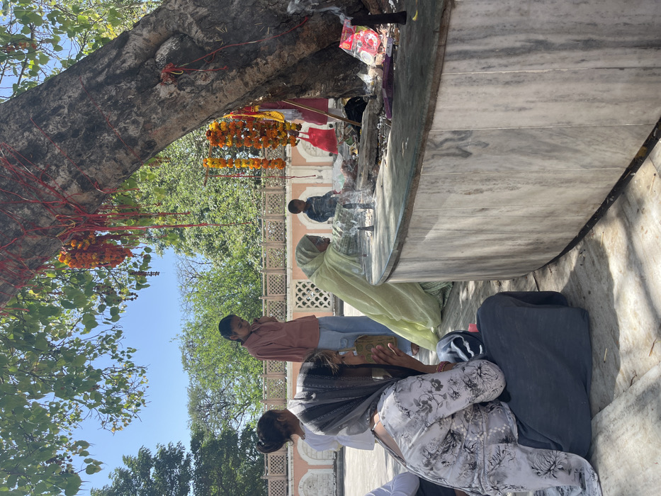 The scene is an outdoor religious shrine in Panchkula, India, located at the coordinates 30.722, 76.856. There is a large tree in the center of the scene, with several colorful garlands draped on its trunk. The tree has a large, thick trunk and branches that reach out towards the sky. The base of the tree has a circular, marble-like platform, with several people sitting on it. One woman, wearing a light-colored, long-sleeved shirt with a floral pattern and a dark skirt, is sitting in a meditative pose, with her hands clasped together and her head bowed. Another woman, dressed in a green shawl, is kneeling next to her and appears to be engaging in prayer. A third woman, wearing a light pink shirt and blue pants, stands to the left, her head bent down, possibly looking at her phone. A young boy in a blue shirt and dark shorts is seated on the platform, looking at the woman in the green shawl. There are several incense sticks burning on the platform, which are producing smoke. The platform is decorated with small objects, including a few bags and other religious offerings. The environment is dusty, with dry foliage around the platform. The sky is clear and blue.