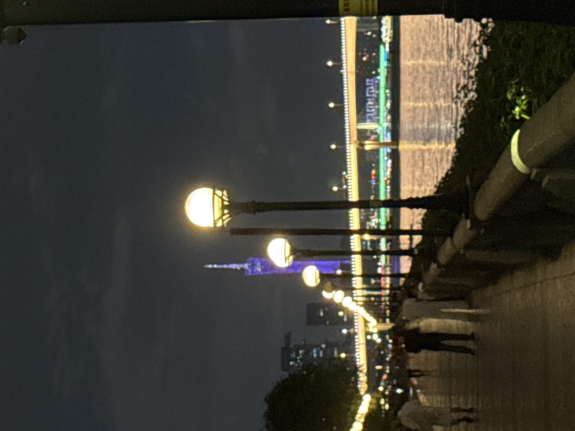 The image presents a nighttime view of a riverside promenade in Guangzhou, China, offering a perspective likely from the Tianhe District. The foreground features a paved pathway extending from left to right, bordered on its right by a sequence of ornate streetlights with spherical, warm-toned globes. At least three individuals are visible on the promenade: one figure in light-colored attire walks away from the viewer on the far left, while two other indistinct figures stand or walk further right. The Pearl River occupies the midground, reflecting diffused orange and yellow city lights on its surface. A multi-span bridge, illuminated with numerous small white and yellow lights along its structure, crosses the river horizontally in the distance. The background skyline is dominated by the Canton Tower, a tall, slender structure illuminated in purple, positioned to the left of the bridge. Other high-rise buildings with illuminated windows are visible behind the bridge and the tower under a dark, cloudy sky. Dark vegetation is present along the left edge of the promenade and the riverbank.