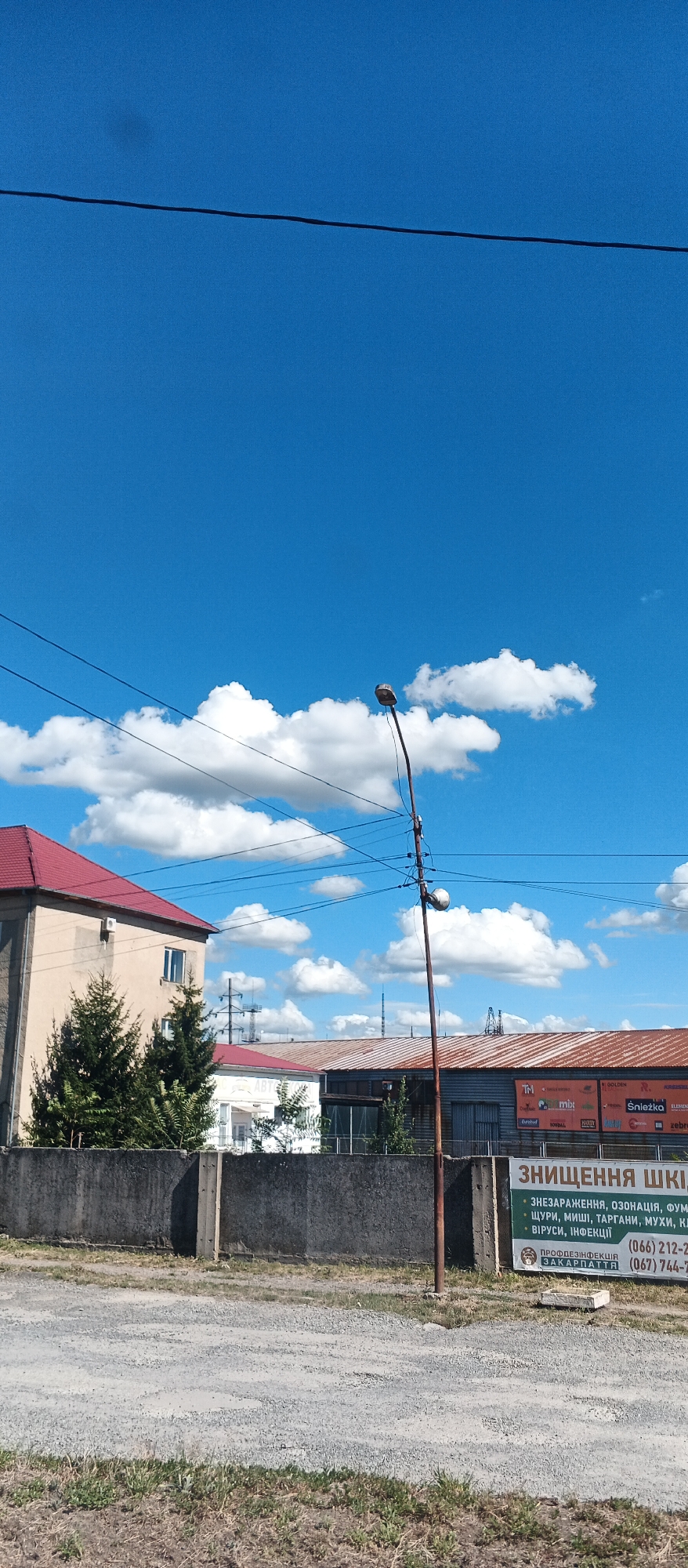 The image captures a segment of a street or roadside in Mukachevo, Ukraine, under a bright blue sky dotted with scattered white clouds. In the foreground, a gravel and asphalt surface with some dry grass is visible, transitioning to a low, rough concrete wall that extends horizontally across the frame. Behind the wall, the scene opens up to reveal several buildings and infrastructure elements.
To the left, a light-colored building with a distinctive red roof is prominent, featuring a few windows and an air conditioning unit. Adjacent to it are several evergreen trees. Further back, a series of industrial-looking buildings with corrugated metal roofs, some appearing weathered and rusty, are present. A tall, slender lamppost with a single light fixture stands in the middle ground, its pole showing signs of rust. Overhead, a network of power lines stretches across the sky, supported by poles.
On the right side of the image, a large sign is affixed to one of the buildings. The sign, predominantly green and white, features Ukrainian text. The text appears to be a service advertisement, with one section listing services such as "disinfection, ozone therapy," and targeting pests like "rodents, insects, ticks, mosquitoes, flies," as well as "viruses, infections." Below this, contact phone numbers are listed, along with the service name "PROFESSIONAL DISINFECTION SERVICE ZAKARPATTIA." Additionally, various brand logos are visible on the building's facade. The overall impression is one of a functional, possibly industrial or commercial area within the city.