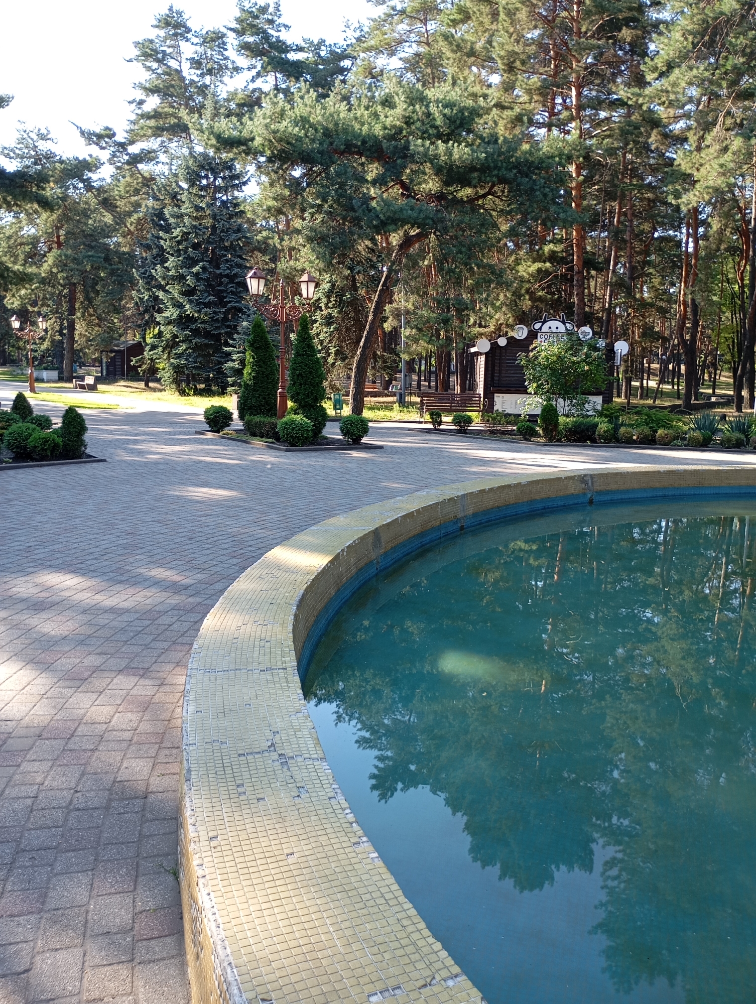 This is a photograph of a park in the city of Horishni Plavni, Ukraine. In the foreground, a circular fountain with a tiled rim is visible, reflecting the surrounding trees. To the left of the fountain, a paved walkway made of light gray cobblestones curves away. The walkway is bordered by manicured evergreen bushes and small, conical trees. Further into the park, several ornate lampposts with four lamps each are spaced along the path. Beyond the lampposts, a small wooden building with a sign depicting a monkey and the words "COFFEE" and "TEA" is situated among tall pine trees. Benches are placed along the walkway, and the ground is covered in green grass and more trees, suggesting a serene park environment. The scene is captured in daylight, with sunlight casting shadows on the pavement.