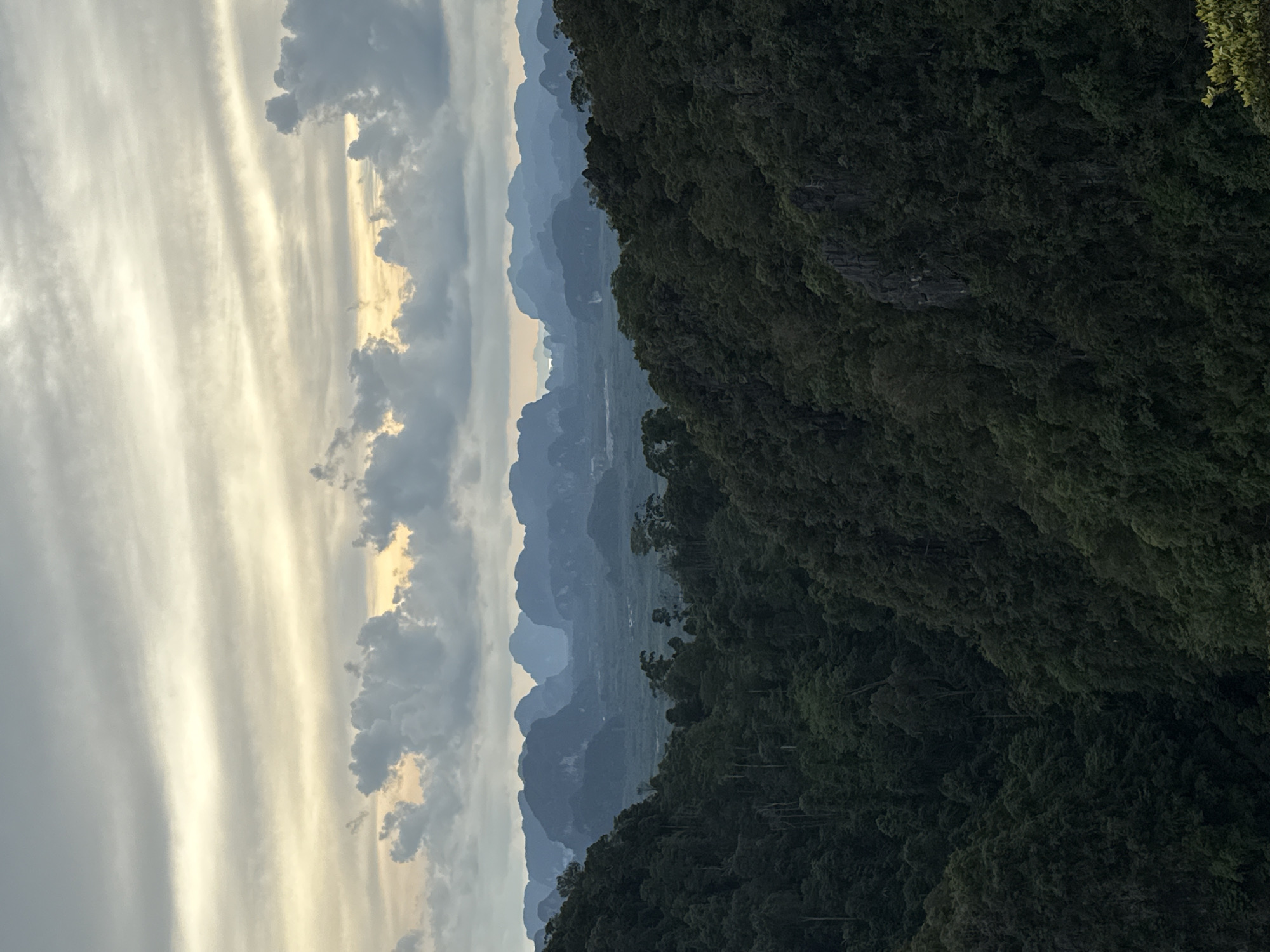 This is a vertical, landscape photograph taken from a high vantage point in Ban Khao Tang, Thailand. The image depicts a dramatic natural scene characterized by a striking contrast between a vast, cloudy sky and a lush, mountainous terrain.
On the left side of the frame, a turbulent sky dominates, filled with streaks of clouds in shades of gray, white, and soft yellow. The light suggests either sunrise or sunset, casting a warm, diffused glow through the atmospheric layers.
The right side of the image is consumed by a dense, dark green forest that clings to steep, rocky slopes. The foliage appears thick and untamed, with hints of rocky outcrops visible through the dense vegetation. This forms a natural, imposing boundary for the scene.
In the mid-ground, a series of majestic, mist-shrouded mountains recede into the distance, their peaks softened by atmospheric perspective and rendered in varying shades of blue and gray. This layered effect creates a sense of depth and vastness. Below the mountains, a valley floor is visible, hinting at human settlement or agricultural land, though it is not clearly defined.
The overall mood of the image is serene yet powerful, capturing the grandeur of the natural landscape at a transitional time of day. There are no people, objects, or visible text in the photograph. The weather appears to be partly cloudy, contributing to the dramatic sky.