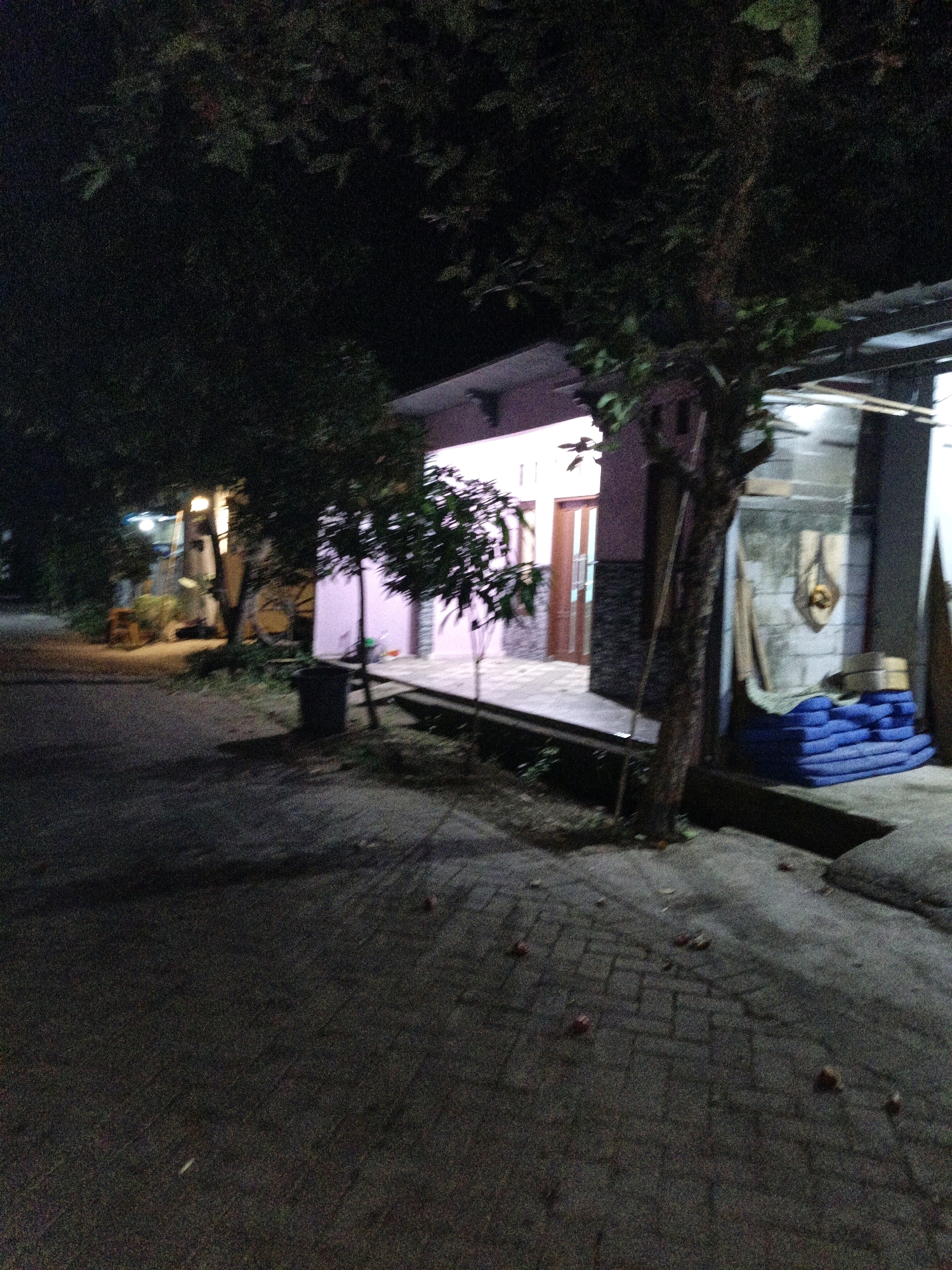 The image depicts a nighttime scene outside a residence in Cikal, Indonesia. A light-colored building with pink walls and wooden doors is visible on the right side of the frame. In front of the building, a pathway made of interlocking pavers leads away from the house. A large tree with dark foliage stands prominently in the foreground, casting shadows across the pathway. To the right of the tree, stacked blue tarps and some boxes are present. On the left side of the image, another tree with dense leaves obscures part of the view. The ground is paved, and several small, reddish-brown objects are scattered across it, possibly fallen fruit or debris. Streetlights or house lights are visible in the distance on the left, illuminating a road or walkway. The overall atmosphere is dark and somewhat indistinct due to the low light conditions.