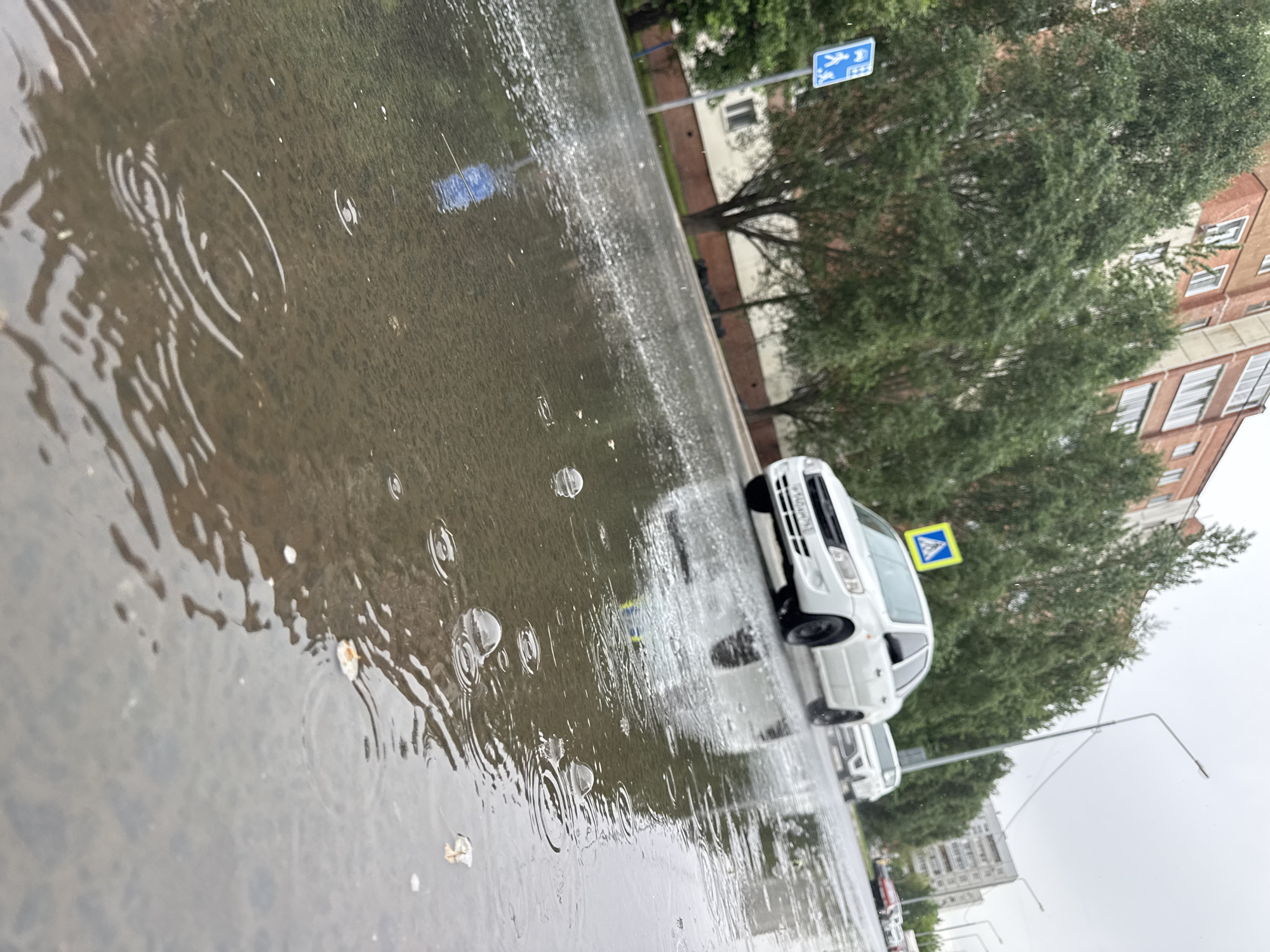 The image depicts a wet city street, likely after or during a rain shower. Water puddles are visible on the road surface, exhibiting concentric circles from raindrops. On the right side of the image, several white cars are parked or moving along the street. Street signs and trees line the roadside, with a residential building visible in the background. The perspective is tilted, emphasizing the wet road surface and the reflections. The city is Unknown, Unknown.
