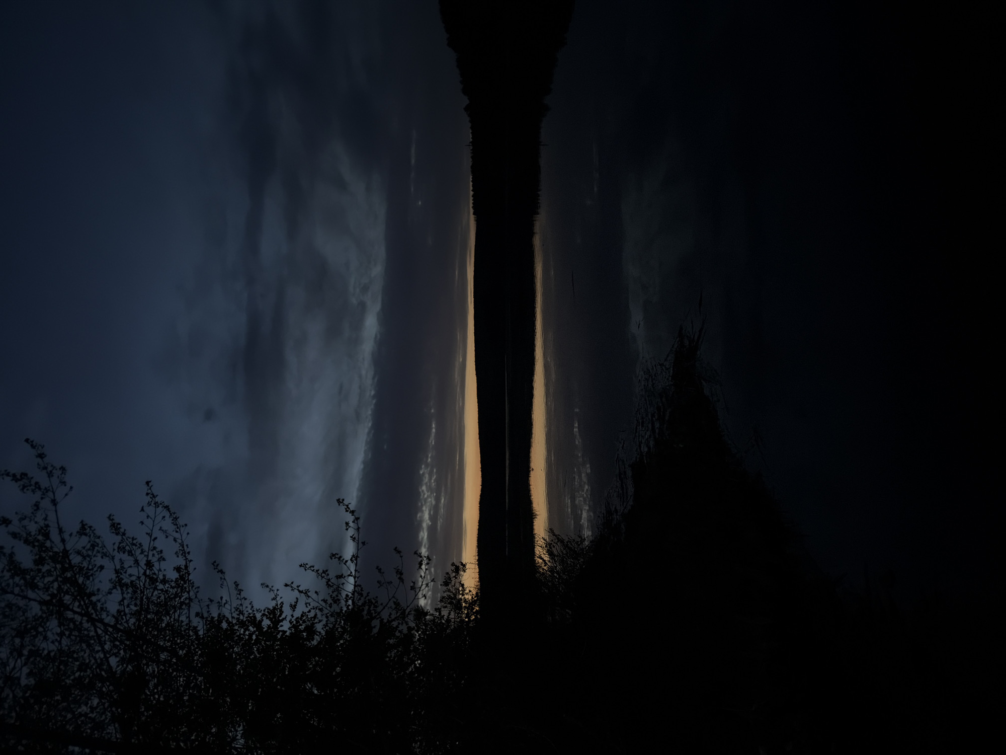 The image shows an upside-down view of a dark, moody scene. Silhouetted trees and foliage are in the foreground. The central portion of the image appears to be a reflection of the sky and light, possibly in water, creating a vertical strip of illuminated clouds. The location is potentially in Chaikovsky, Russia, implied by the prompt's instruction.