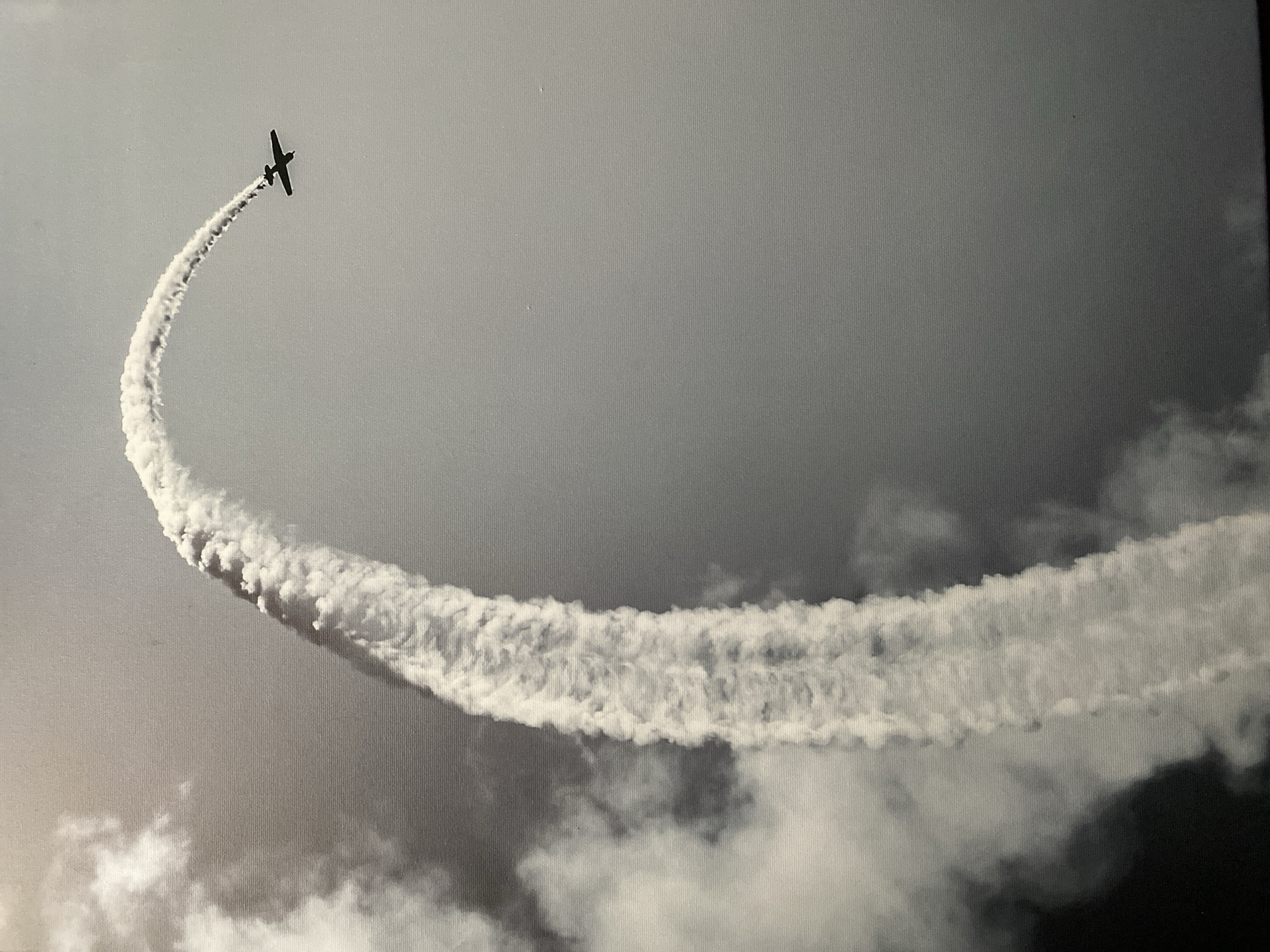 The image captures an aerial maneuver of a small aircraft, emitting a thick white smoke trail that curves dramatically against a cloudy grey sky. The plane, silhouetted and dark, is positioned at the apex of the smoke plume. The smoke trail starts from the bottom left of the frame, ascending and then arcing over to the top right, indicating a sharp turn or loop. The background consists of overcast skies with visible clouds. There are no discernible elements of Domodedovo, Russia, or any urban environment depicted in this image.