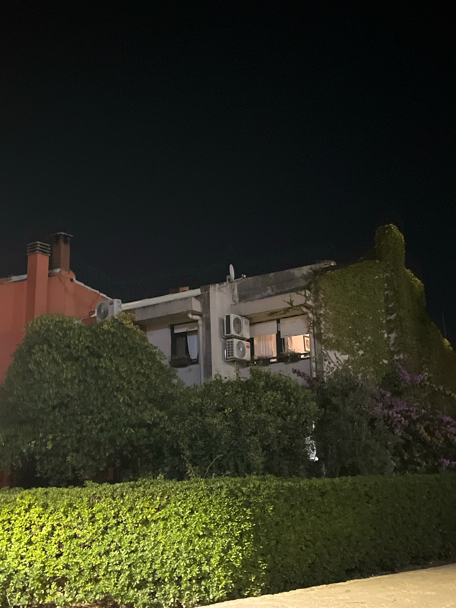 The image captures a nighttime view of a building exterior with lush greenery and a dark sky overhead. The building, located in Budva, Montenegro, features multiple windows, some illuminated from within, and air conditioning units mounted on the facade. One section of the building is extensively covered in dense green ivy, suggesting age or a well-established garden. A prominent red brick chimney rises from the left side of the building, contrasting with the lighter tones of the main structure. In the foreground, meticulously maintained hedges form a neat boundary, with some areas of foliage brightly lit by an unseen light source. The overall scene conveys a sense of tranquility and nighttime ambiance in a residential or possibly commercial area.