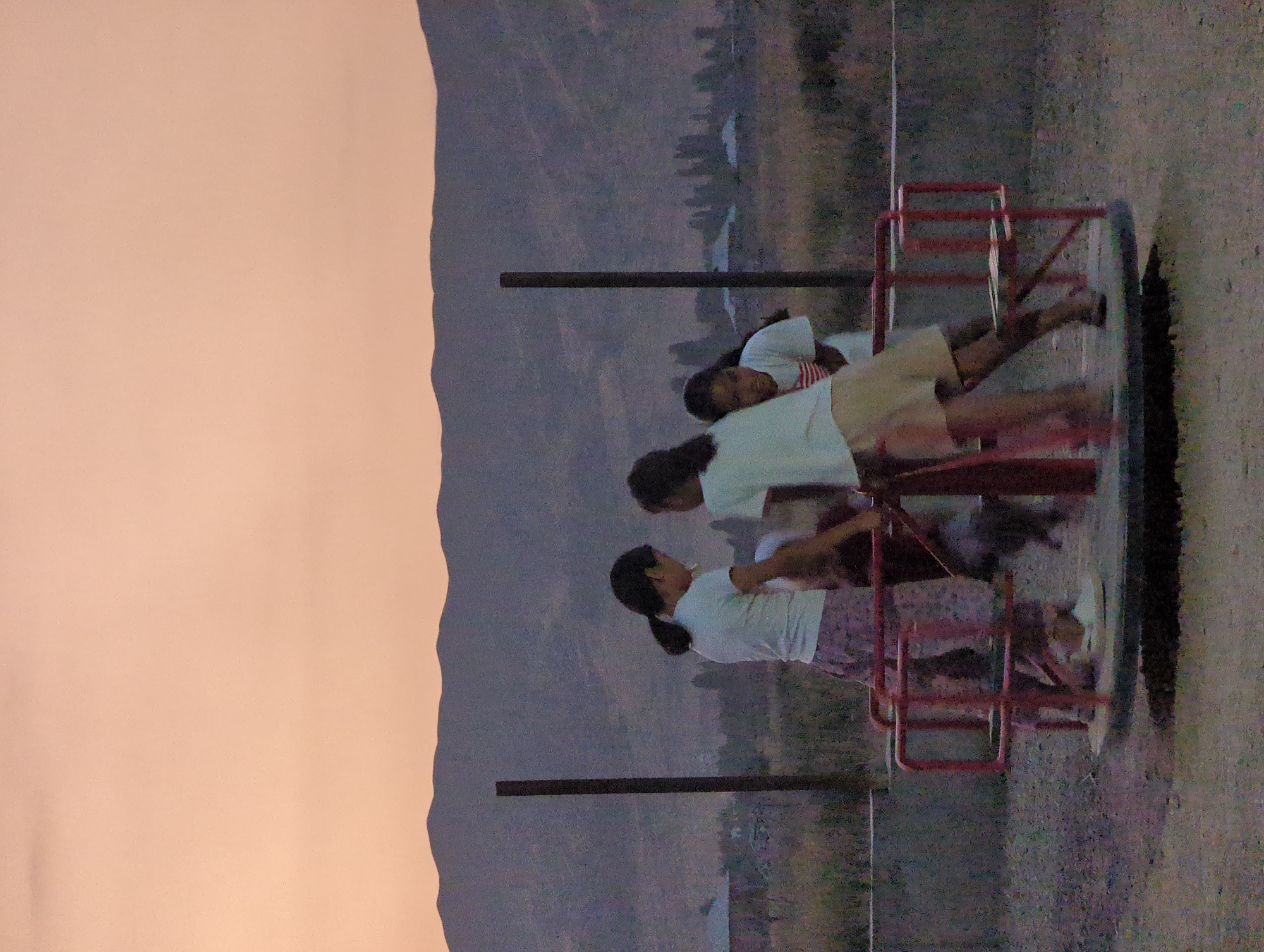 In the village of Uch-Döbö, Kyrgyzstan, at dusk, four young girls are playing on a red merry-go-round. The sky is a soft peach color, fading into a dusky purple near the horizon, where a range of dark, undulating mountains is visible. The ground around the merry-go-round is dusty and appears to be a dirt or gravel surface. Two tall, dark vertical poles stand behind the merry-go-round, one on either side, partially obscuring the background.
The girls, whose ages appear to be between six and ten, are in various states of motion on the spinning platform. One girl, wearing a white t-shirt and patterned pants, is positioned on the far left, appearing to push or hold onto the central mechanism. Another girl, in a white t-shirt and shorts, is in the center, with her arms extended as she spins. A third girl, also in a white t-shirt and shorts, is on the right side, leaning into the spin. A fourth girl, partially visible behind the others, is also on the merry-go-round. The overall lighting suggests it is the golden hour or just after sunset, casting a soft, ambient light on the scene. In the background, out of focus, are some low-lying buildings and trees, indicating a rural or semi-rural setting.