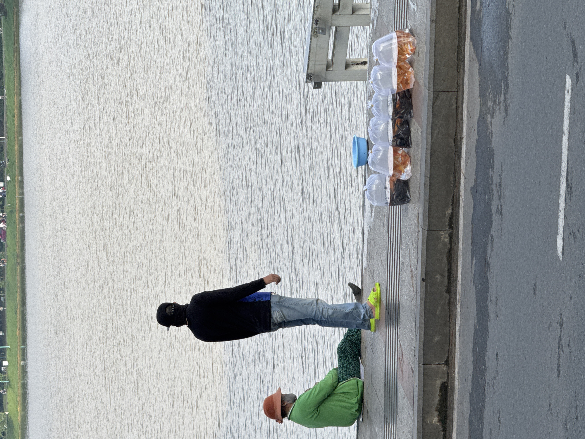 Two individuals are present by the shore of Xuan Huong Lake in Da Lat, Vietnam. A person wearing a green jacket, patterned pants, and an orange hat sits on the ground facing away from the water. Another person, dressed in a black long-sleeved shirt and blue jeans, stands looking out at the lake, wearing a black cap and a neck gaiter. In front of them, arranged on the ground, are six plastic bags filled with small fish and water, likely for sale. A blue bucket sits behind the bags. The individuals are positioned on a paved walkway adjacent to the lake, with a road in the foreground. The water of the lake is calm, and the background shows a green embankment with distant figures.